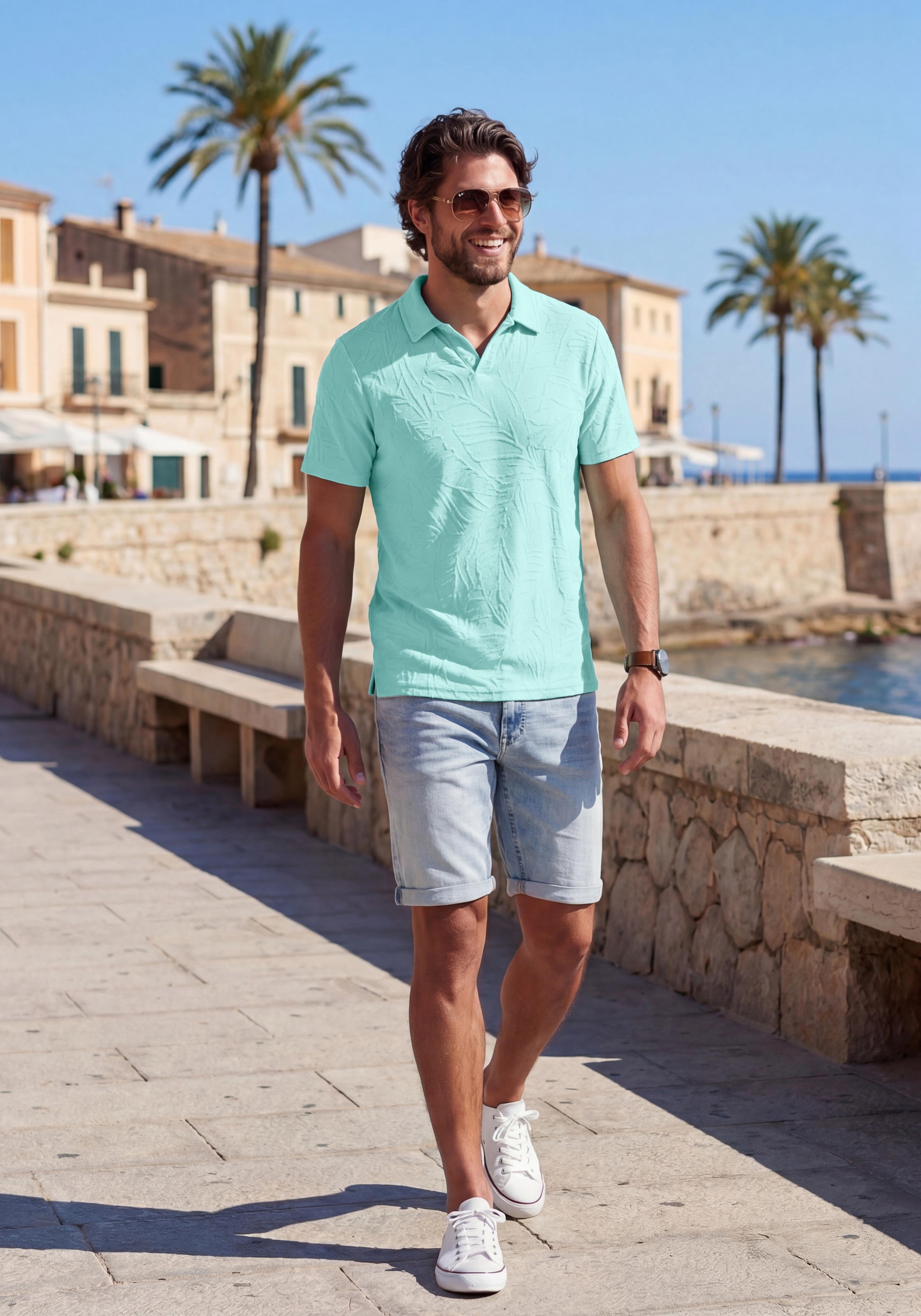 Beachtime Poloshirt », T-Shirt mit Kragen« neue Strukturqualität im Blätter-Design