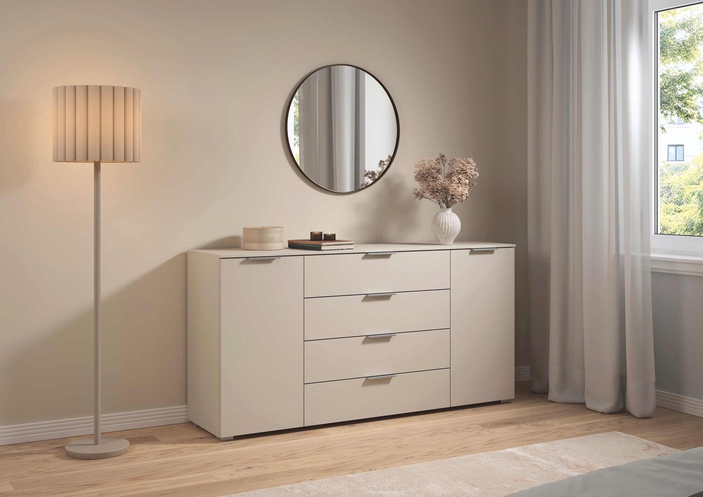 GOODproduct Kombikommode »Kommode Sideboard Schubladenkommode Schlafzimmerkommode ASTANA« Breite 160 cm / Höhe 81 cm, mit 4 Einlegeböden,  2-türig, 4 geräumige Schubladen, Kantengriff Alufarben MADE IN GERMANY