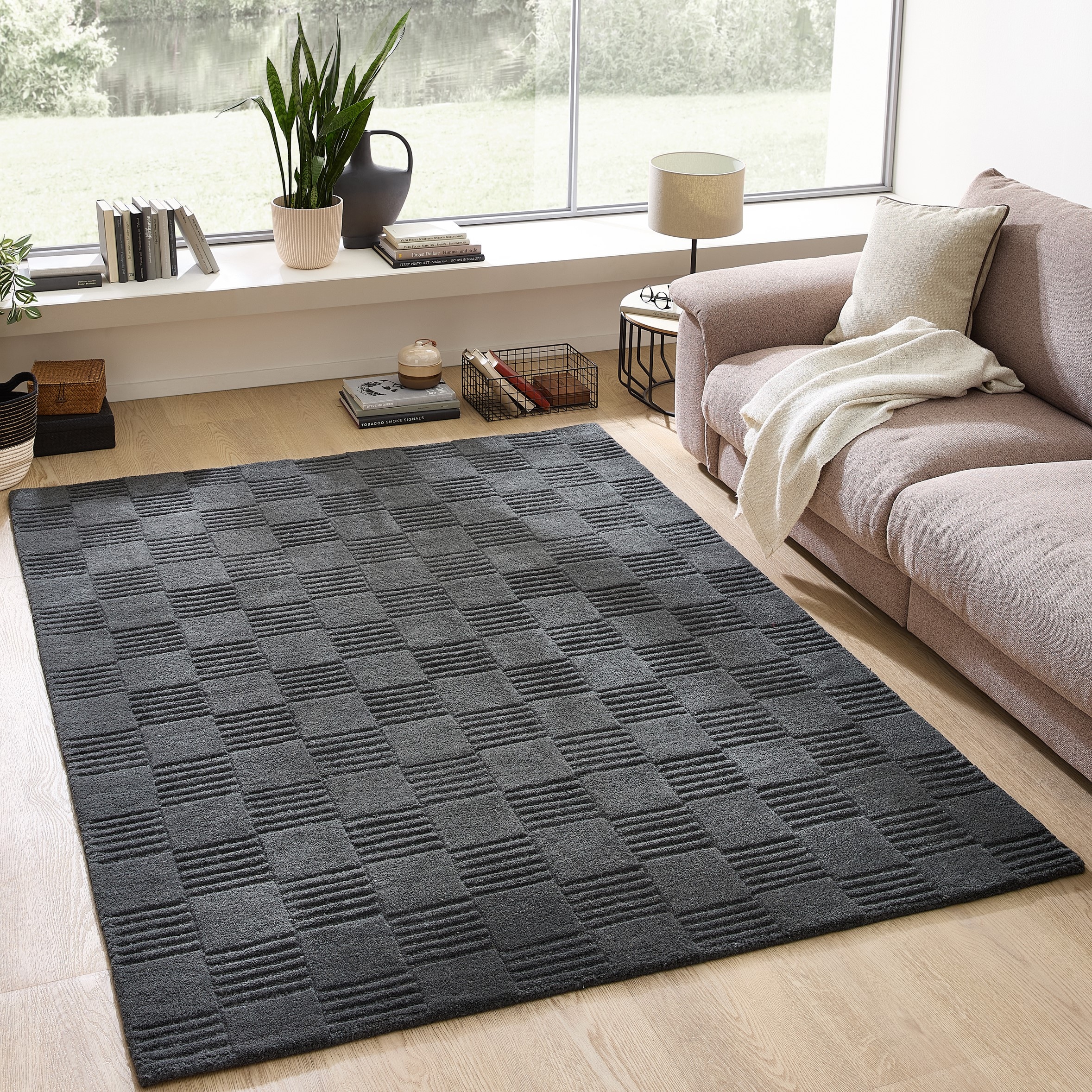 my home Tapis en laine »Motala, Handgefertigt, Wolle, Hoch-Tief-Effekt,« Rectangulaire 14 mm Höhe einfarbig, 3D-Design, Wohnzimmer, Schlafzimmer, Esszimmer