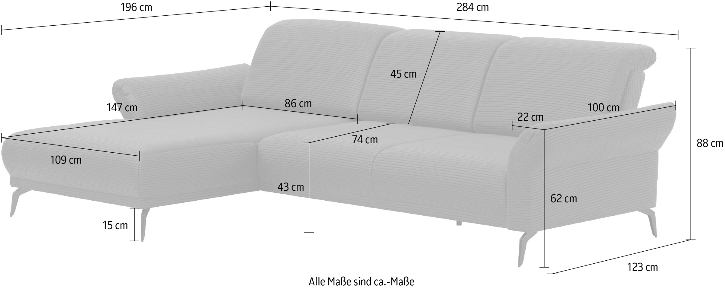 Home affaire Canapé d'angle »Coco L-Form« Sitztiefen-, Arm- und Kopfteilverstellung, Cord-Bezug, Fusshöhe 15 cm
