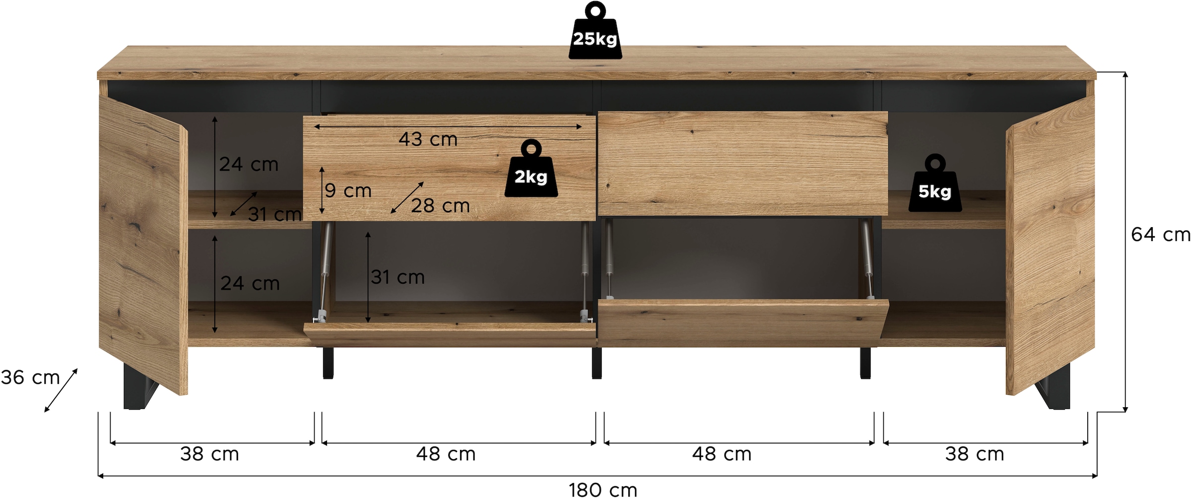 Home affaire Lowboard »TOMA, 188cm breit, Metall-Kufen-Fuss, 2 Türen, 2 Schubkästen,2 Klappen« TV-Lowboard, Mediaschrank, Mediaboard, TV-Schrank, Schrank, Board