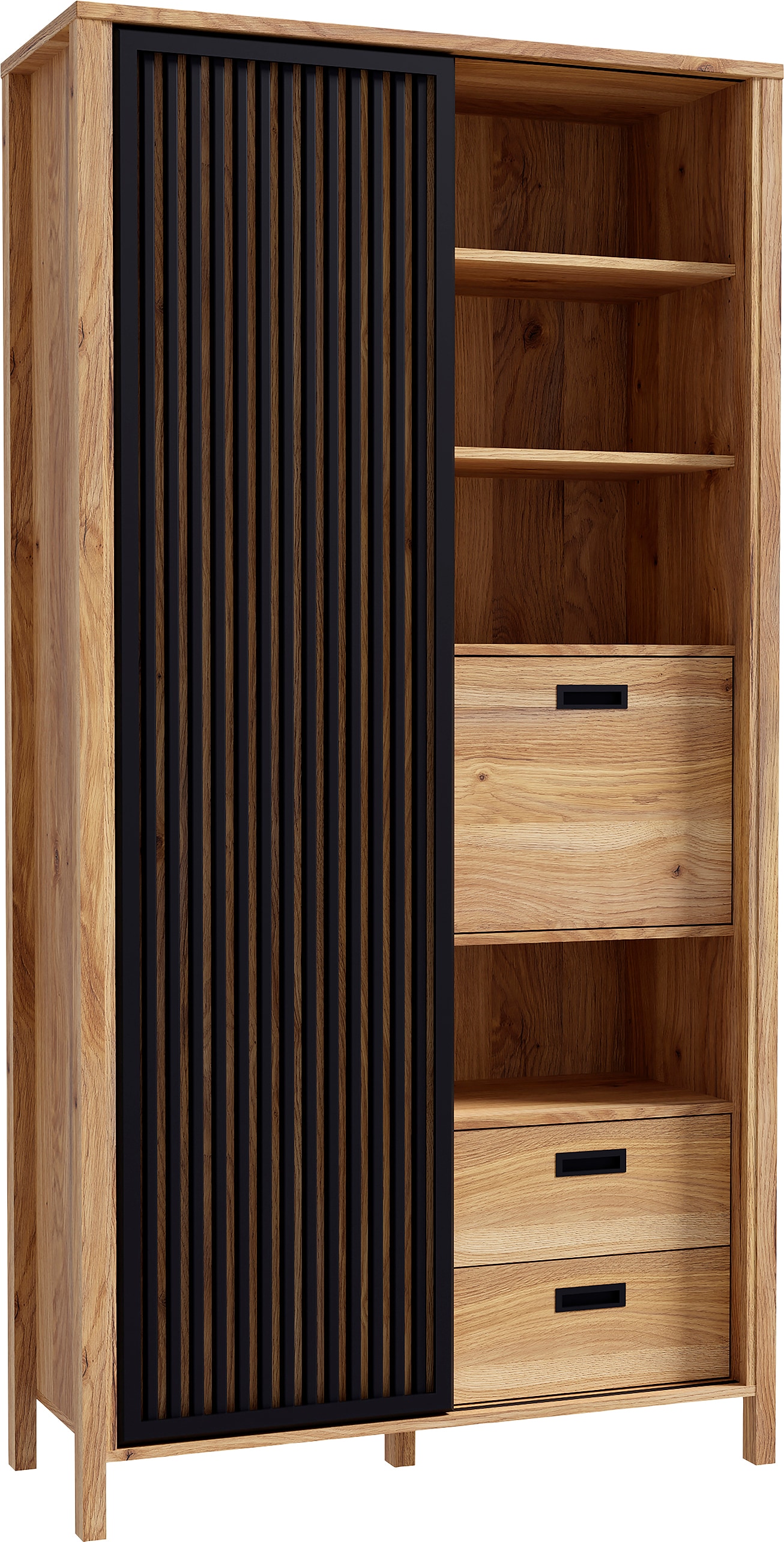 FORTE Highboard »Jytana« Höhe 200,3 cm, Schiebetüre mit Lamellenoptik, Mauvella Eiche / Schwarz
