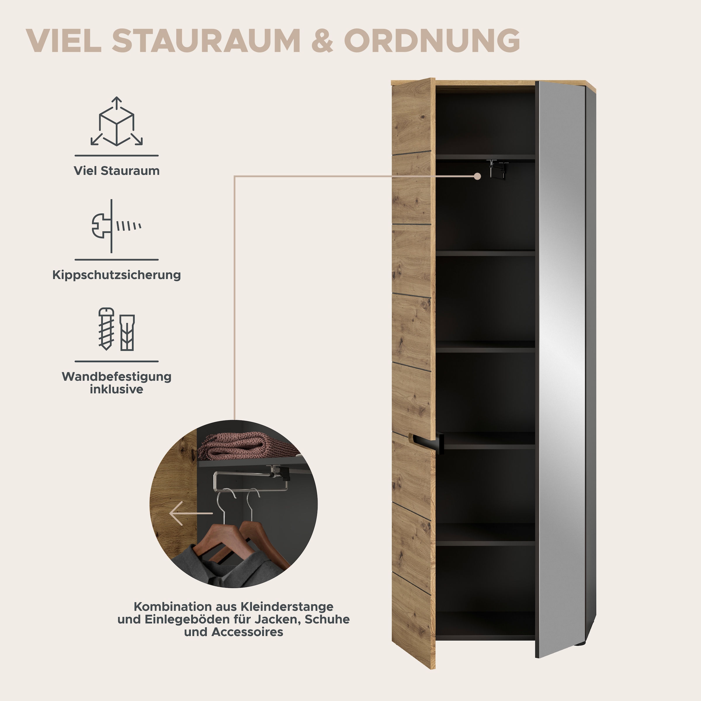 Home affaire Garderoben-Set »REHAT, TOPSELLER!, 6-teilig, Breite 255 cm, individuell erweiterbar« Set, Schrank, Sitzbank, Sitzkissen, Paneel, Hakenleiste, Spiegel, Kommode, 6 Stk. tlg.