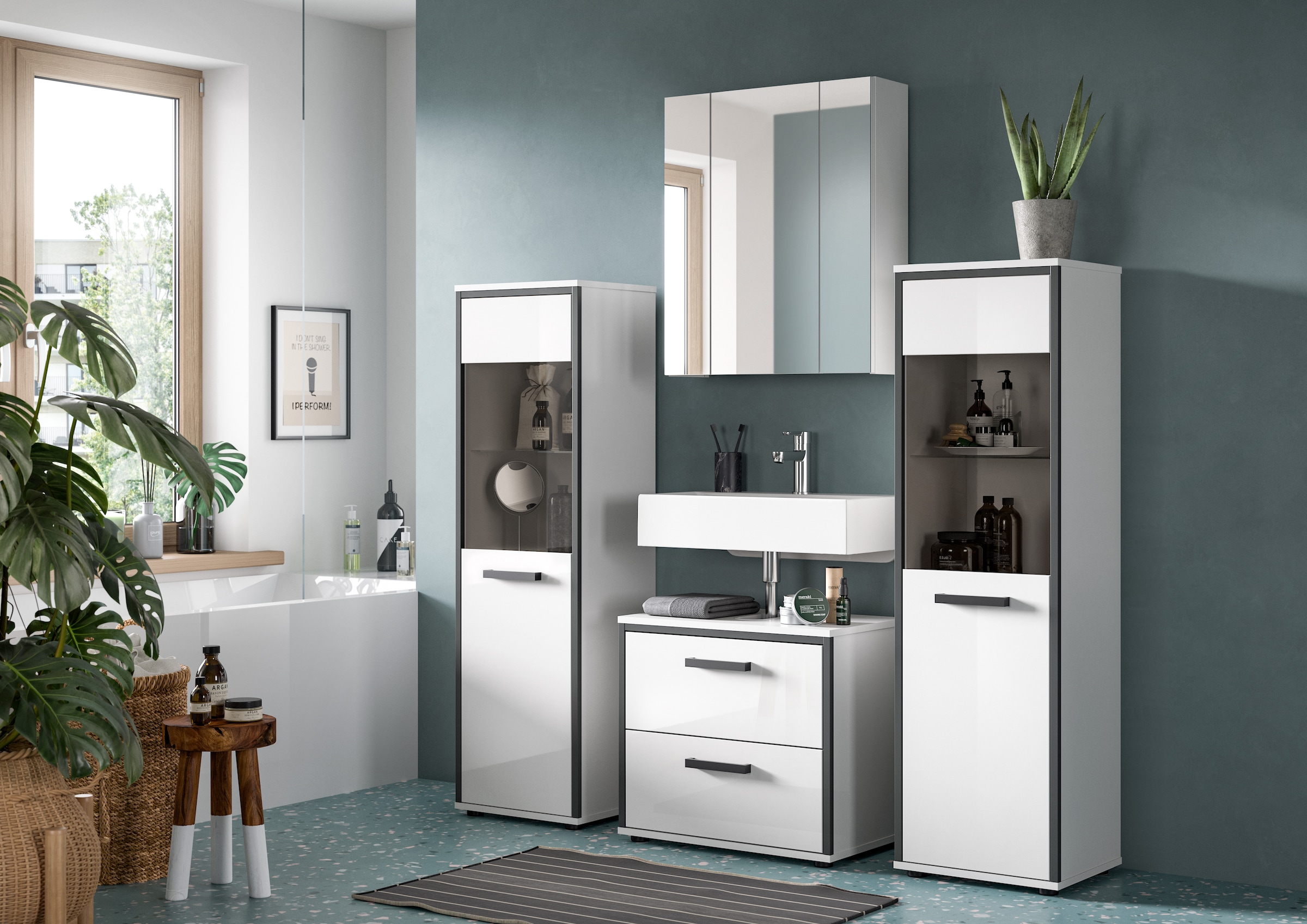 welltime Ensemble de meubles de salle de bain »KAJO, 4-tlg. Badkombination, weiss hochglanz« Set, Set, best. aus:2 Midischränken, 1 WBU, 1 Spiegelschrank, 4 cuis tlg.