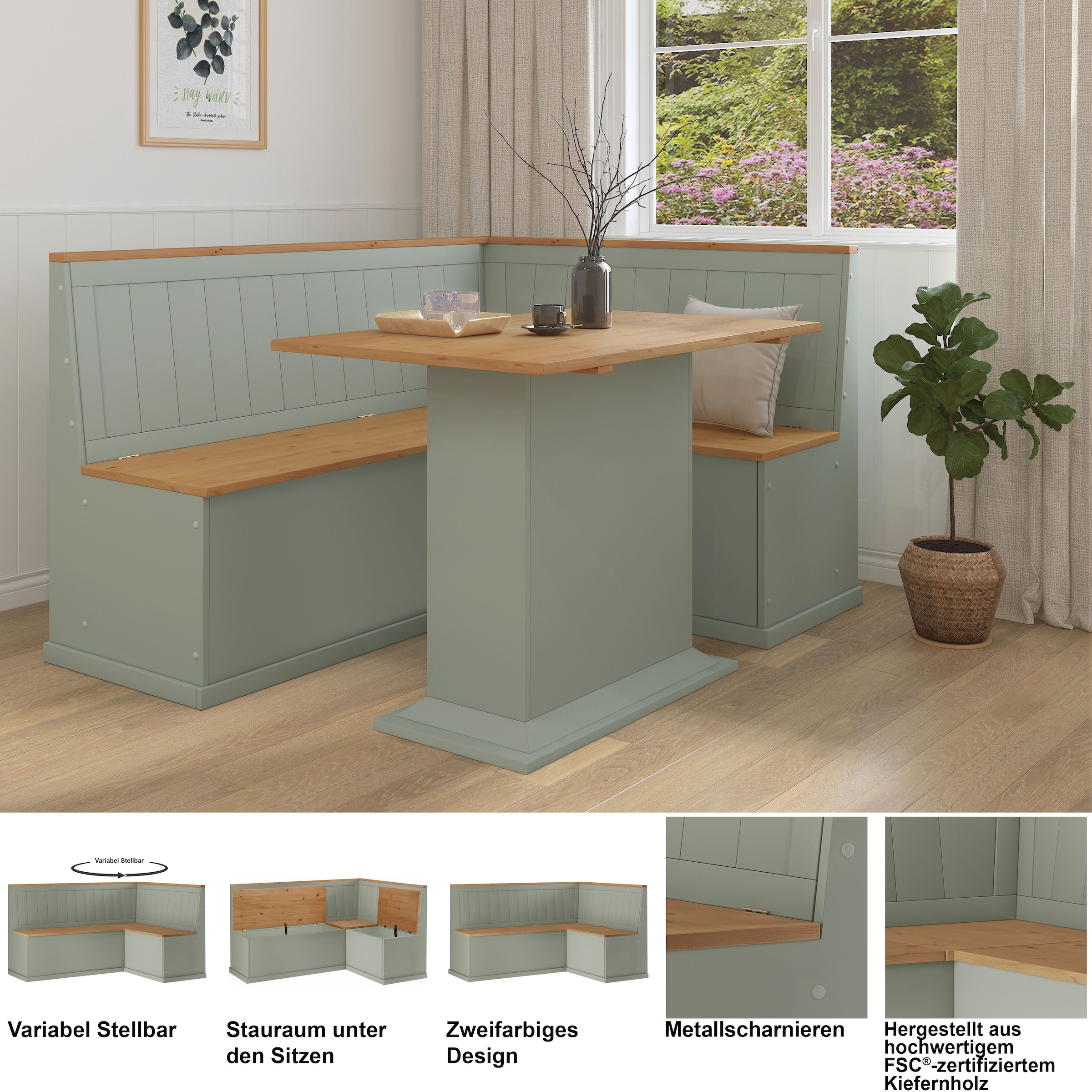 GOODproduct Banc d'angle »Sara« aus massivem Kiefernholz, Paneel Rückenlehne, zwei Breiten