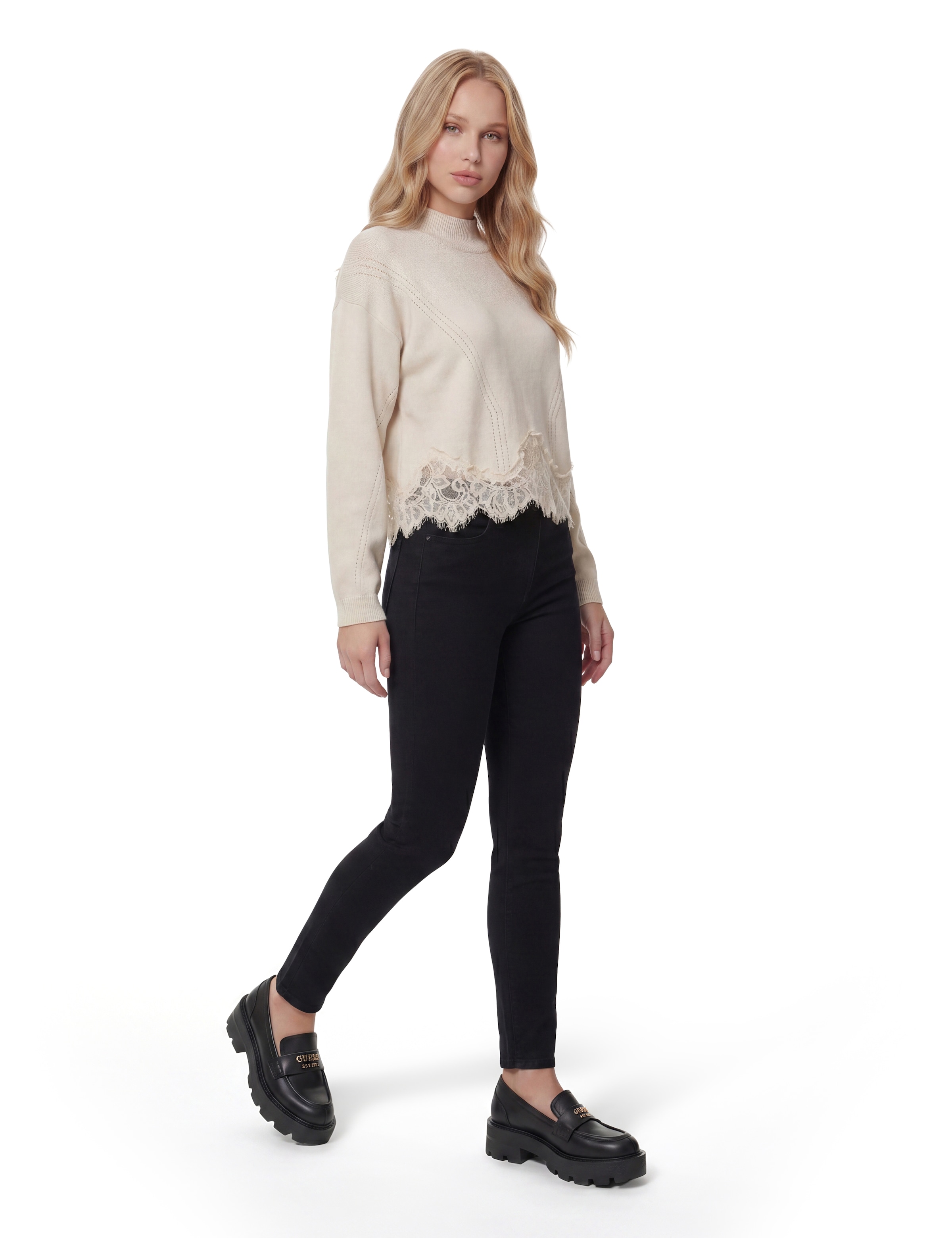 Guess Pull en tricot »LS MN HAYDEN LACE SWTR« mit Woll-Anteil, Spitzenbesatz