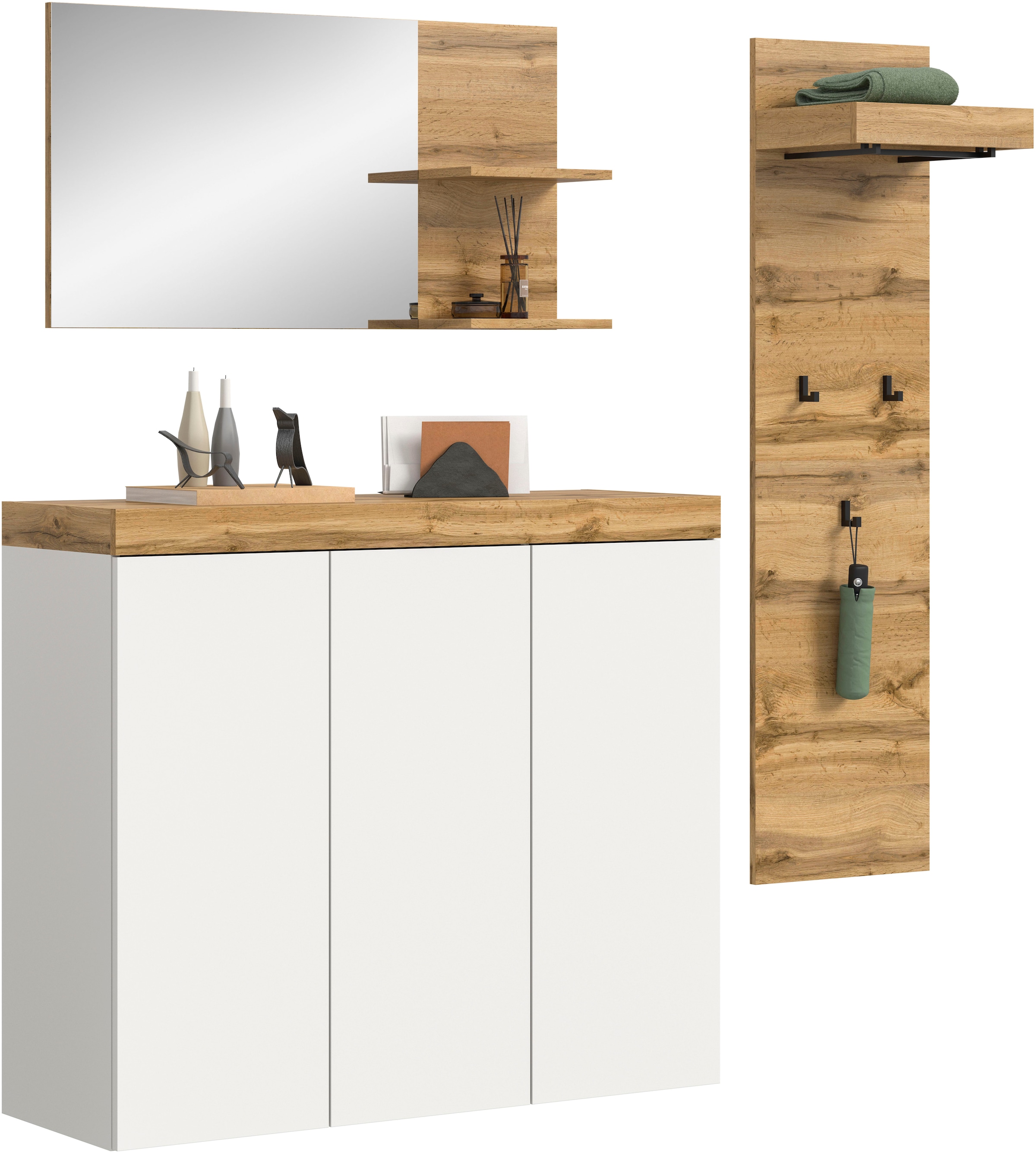 GOODproduct Garderoben-Set »MAMBO, 3-teilige Kombination, stehend & hängend montierbar« bestehend aus: Kommode, Spiegel, Garderobenpaneel, 3 Stk. tlg.