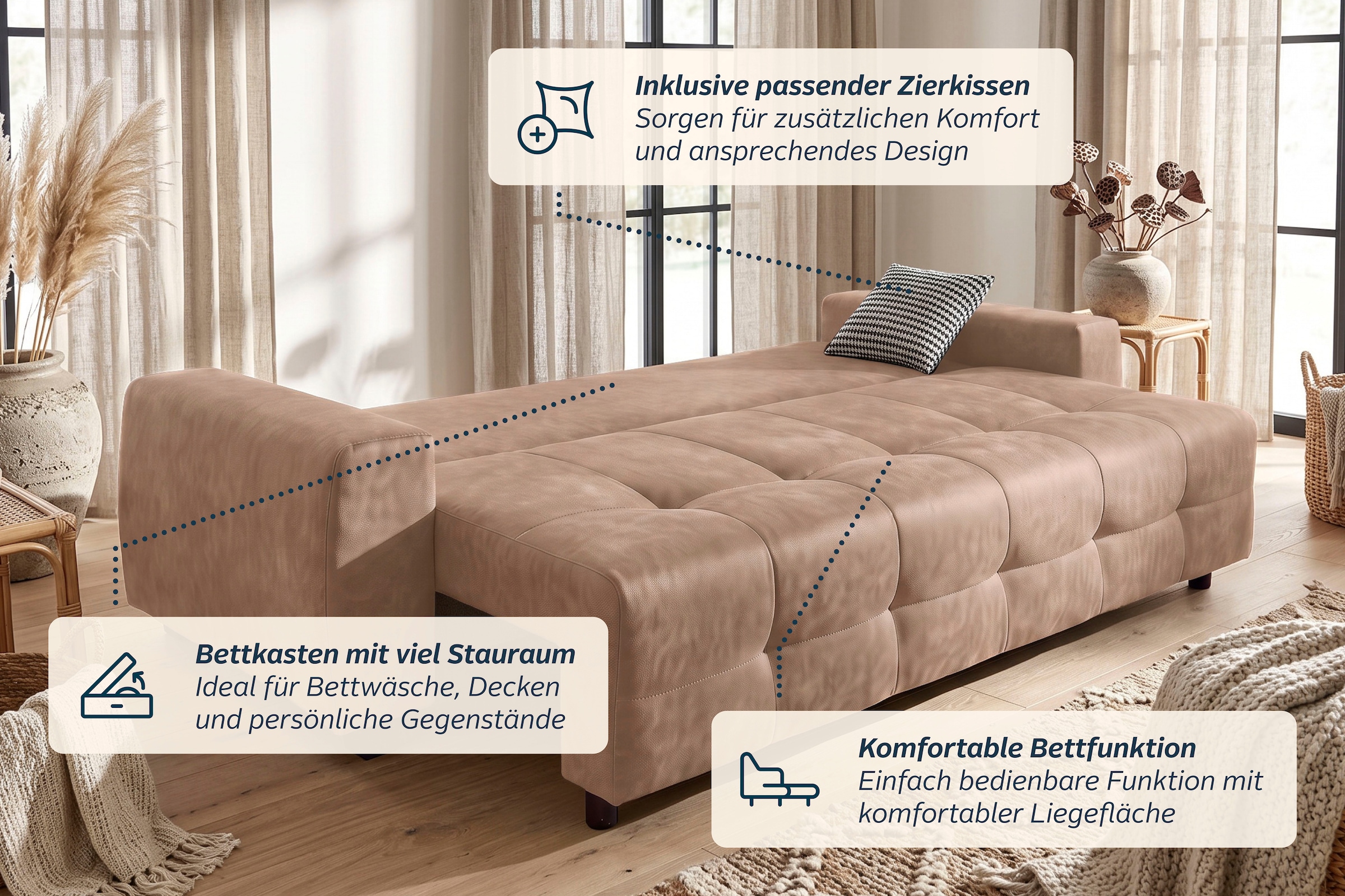 GOODproduct Canapé-lit »Bella B: 241 cm, Liegefl. 142x194 cm mit Bettkasten & Zierkissen« canapé-lit avec lit d'appoint, 2 coussins décoratifs inclus, position libre