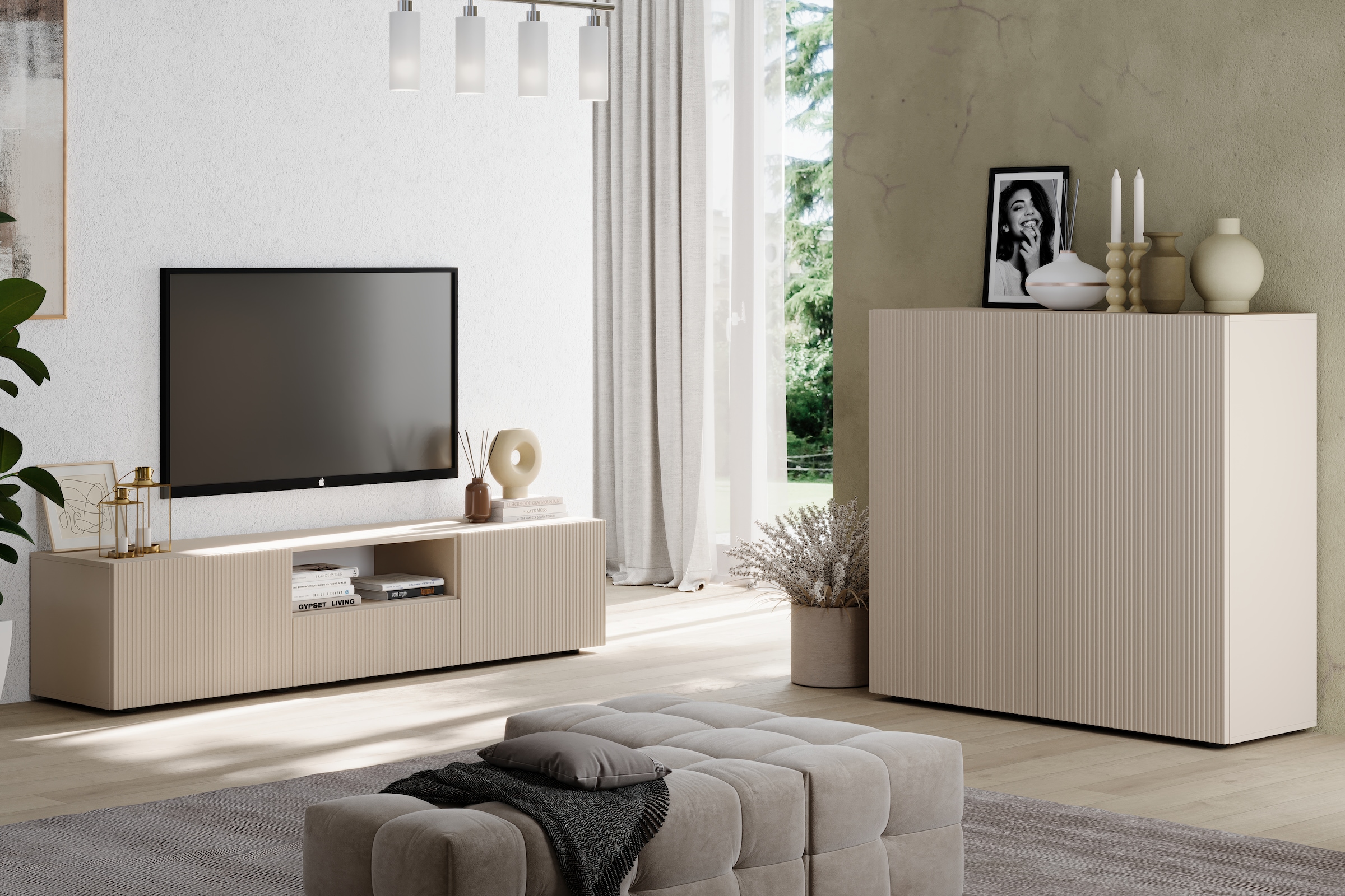 Home affaire Table basse »Rio Breite 181 cm, TV-Board 2 Türen u. 1 Schubkasten, TV-Schrank« geriffelte MDF-Fronten, modern u. elegant, Kabelführung, viel Stauraum