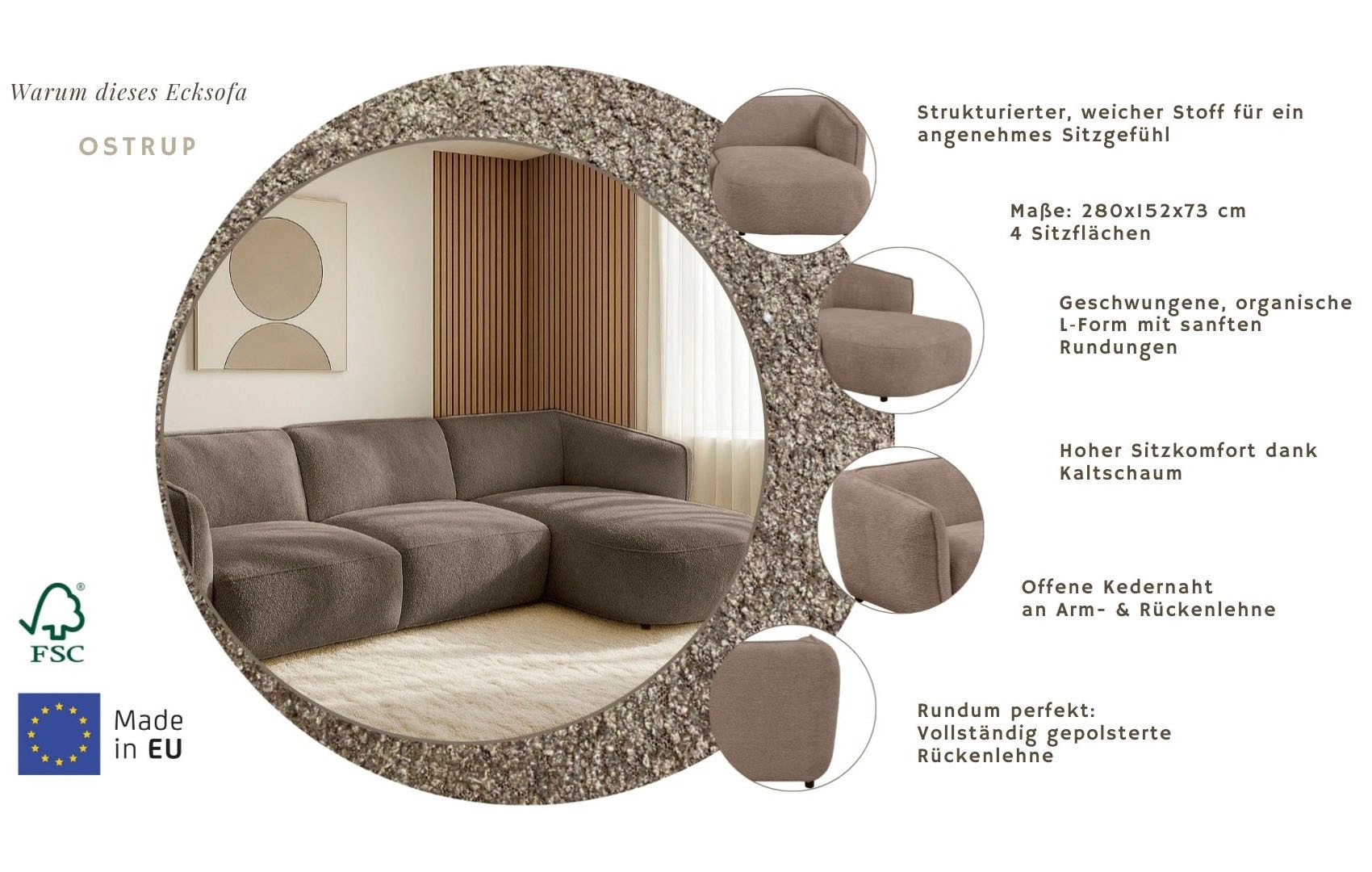 GOODproduct Canapé d'angle »OSTRUP Rundsofa, L-Form, Naturtöne, Boucle oder Chenille« largeur 280 cm, forme organique aux courbes douces