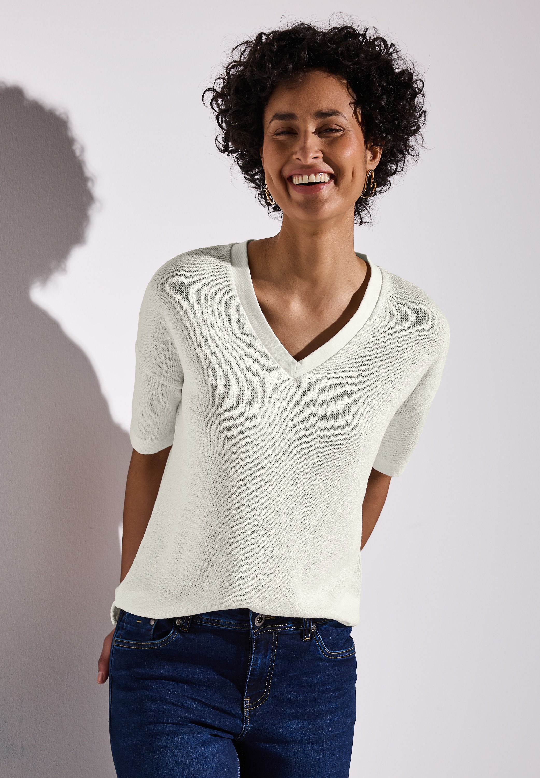 STREET ONE T-Shirt im Strick-Look mit V-Ausschnitt