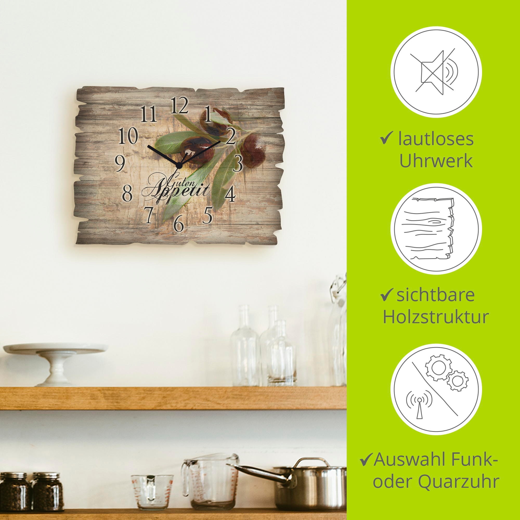 Artland Horloge murale »Oliven Guten Appetit« wahlweise mit Quarz- oder Funkuhrwerk, lautlos ohne Tickgeräusche