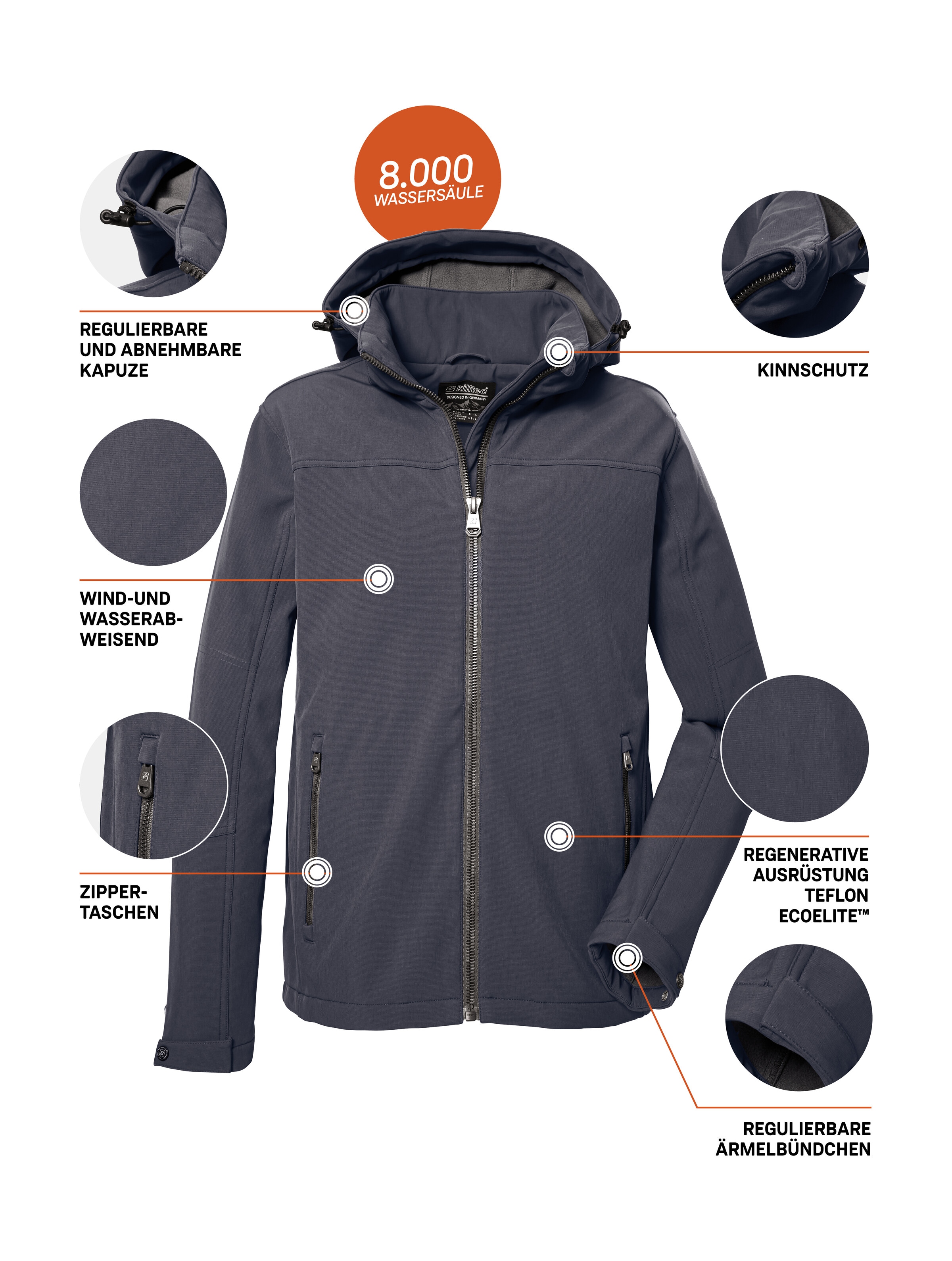 Killtec Softshelljacke »Herren Softshelljacke« Wasserabweisende Softshelljacke mit Fleece, abnehmbarer Kapuze
