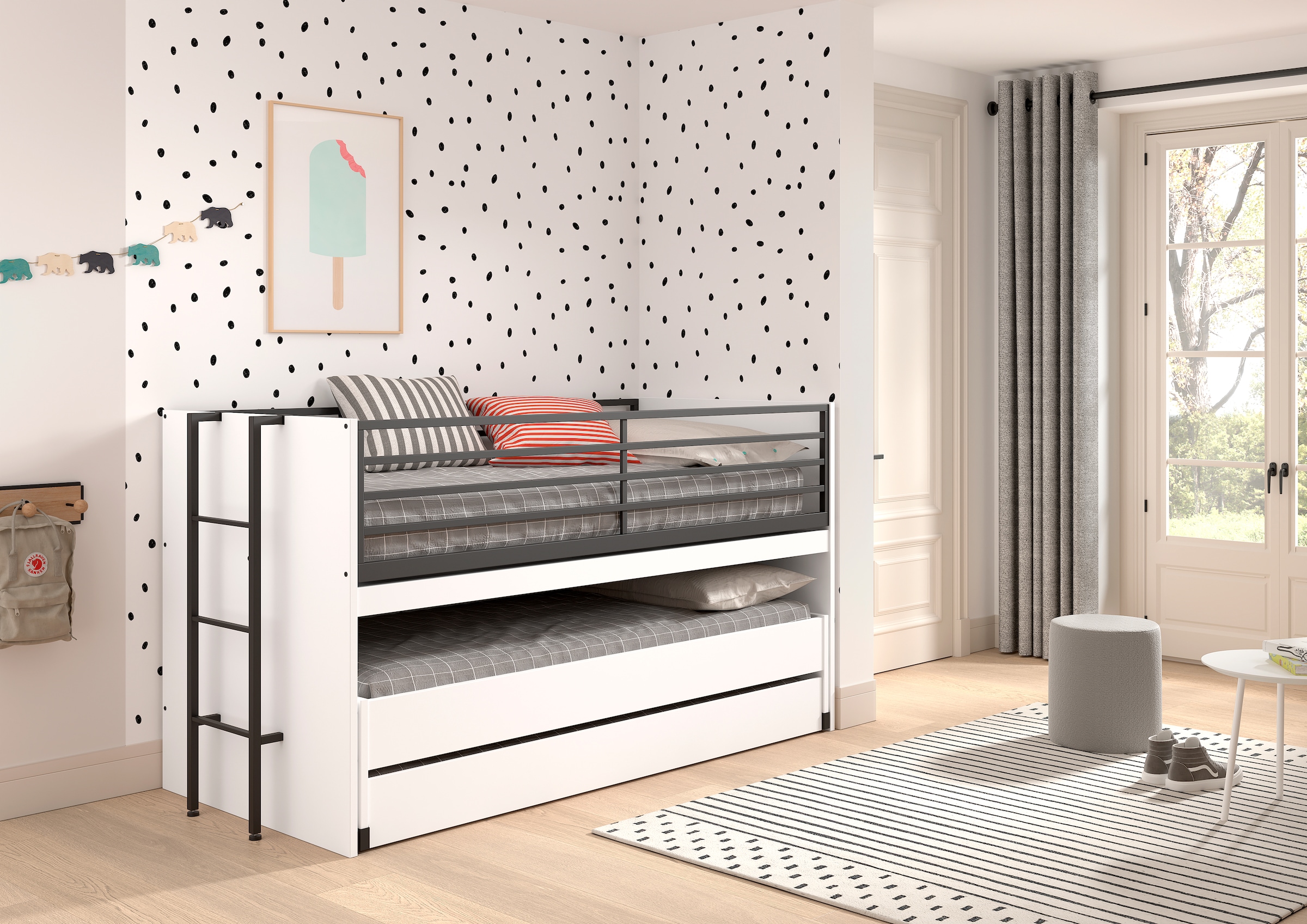 Vipack Lit superposé »praktisches Etagenbett mit viel Funktion, 2 Dekore zur Wahl« L/H/P env. 219x114x98 cm, échelle métal et protection anti-chute noire,  pour petits espaces, 2 surfaces de couchage, tiroir-lit, incl. bureau