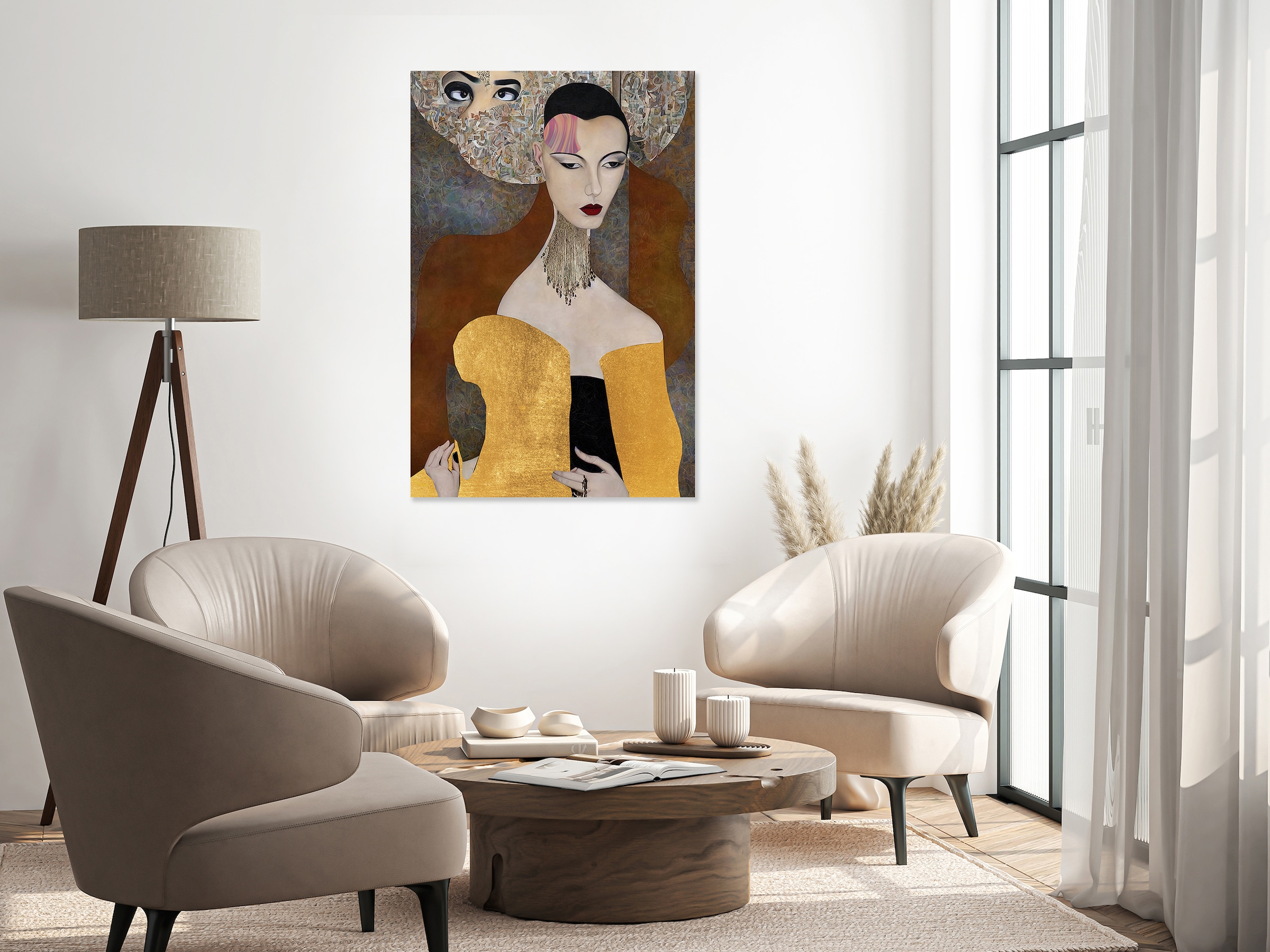 queence Tableau en verre acrylique »Wandbild, Goldbild, Bild Kunstkopie, Frau mit verschiedenen Gesichtern« Abstrait | Art | Fantasy Finition à la main avec feuille d'or pour un aspect noble et intemporel.