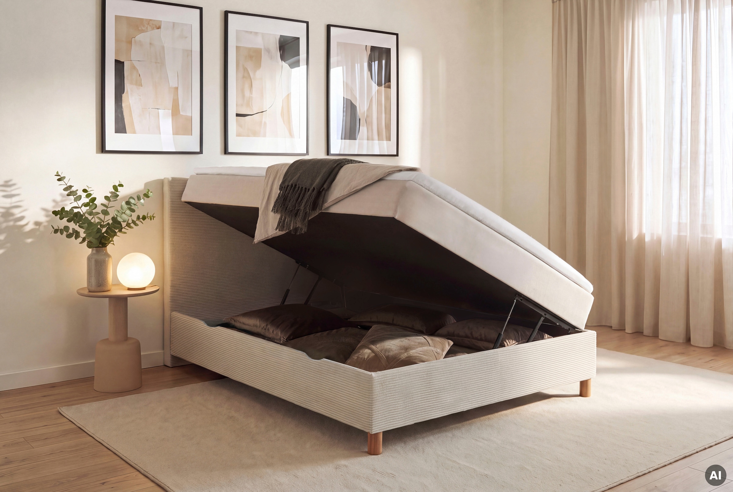 meise.möbel Lit de boxe »KORSIKA, Polsterbett mit Bettkasten, inkl. Taschenfederkernmatratze H3« avec surmatelas en mousse froide, revêtement en velours côtelé, 140x200 cm, pieds en bois