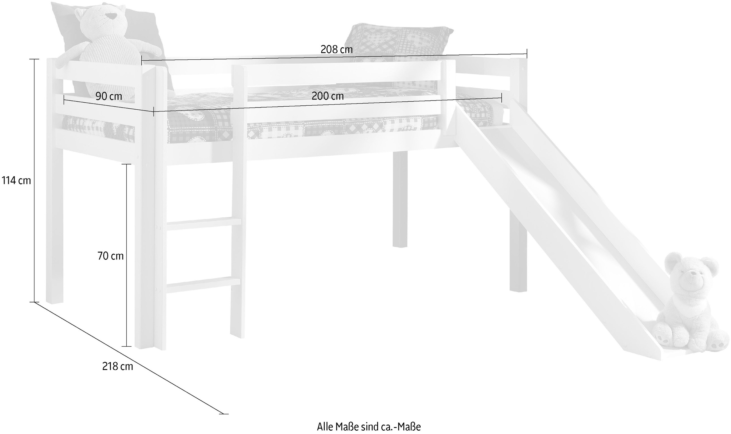 Vipack Hochbett »Pino, inkl. Rolllattenrost, Leiter, Rutsche und Absturzschutz« B/H/T ca. 210x114x218cm, Kiefer massiv, stabil und standfest,  in verschiedenen Farben erhältlich
