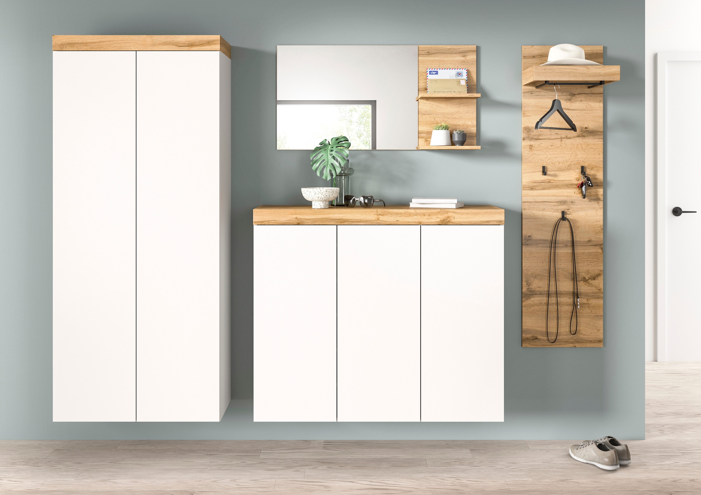 GOODproduct Garderoben-Set »MAMBO, 4-teilige Kombination, stehend & hängend montierbar« bestehend aus: Garderobenschrank, Kommode, Spiegel, Garderobenpaneel, 4 Stk. tlg.