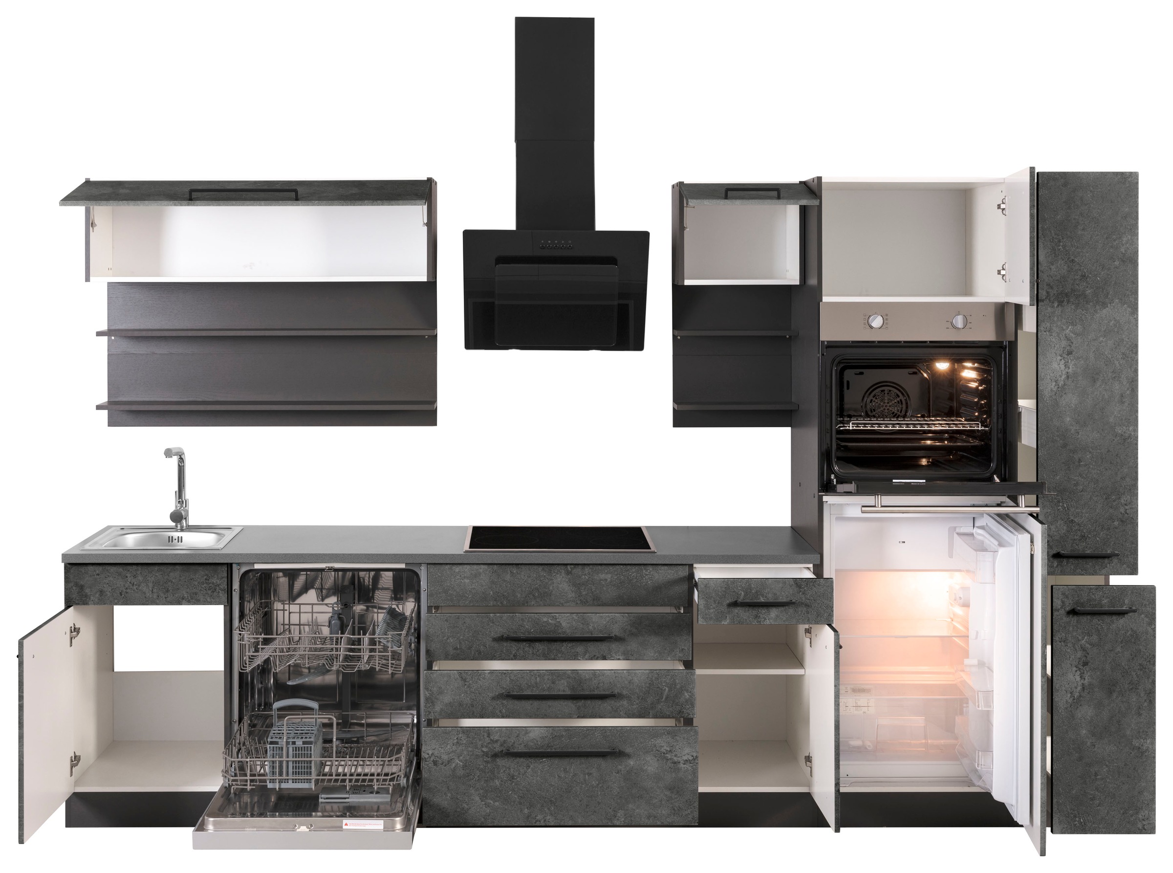 KOCHSTATION Küchenzeile »KS-Tulsa« ohne E-Geräte, Breite 320 cm, schwarze Metallgriffe, MDF Fronten