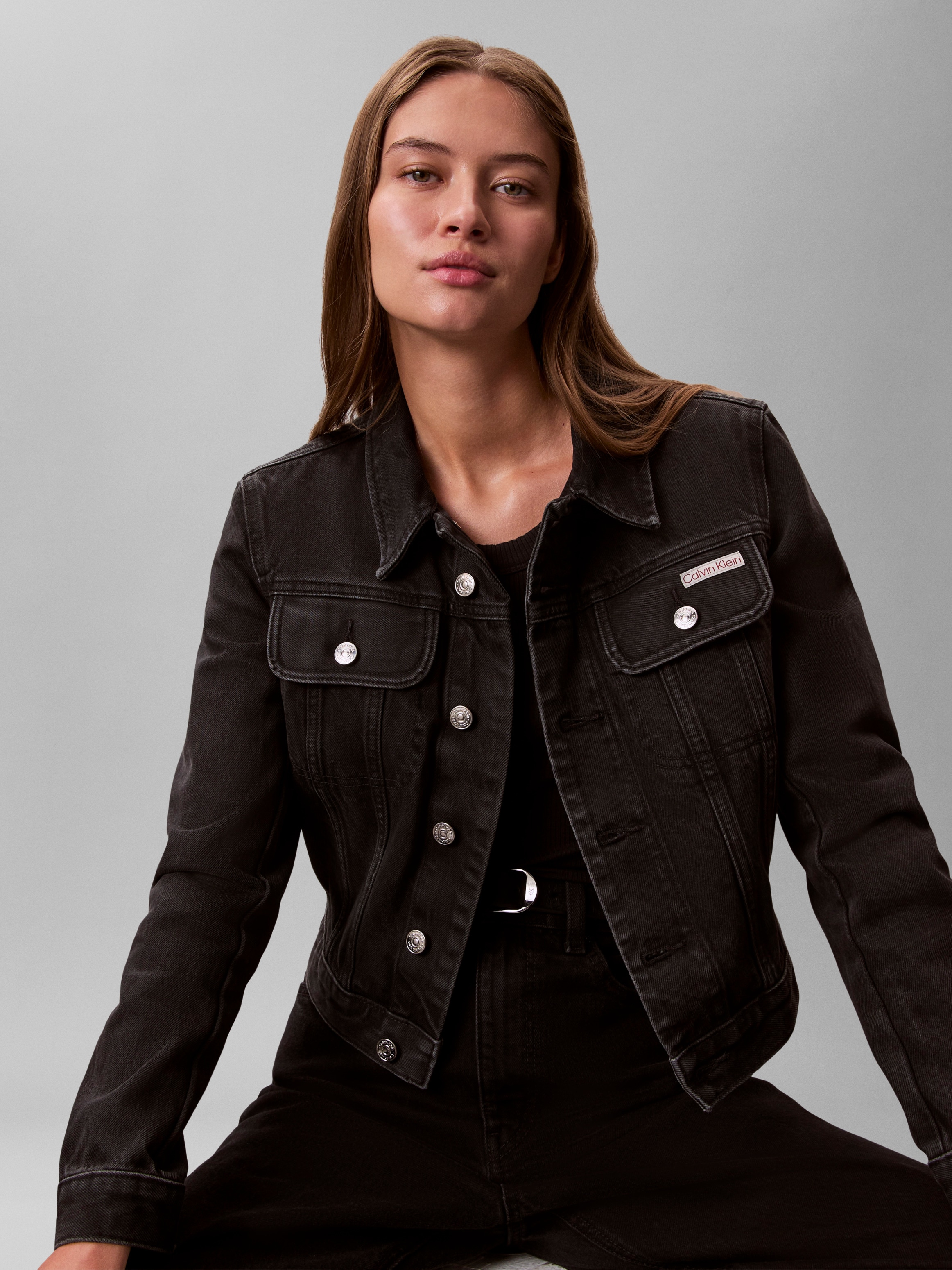 Calvin Klein Jeans Veste en jean »CROP 90S« ohne Kapuze schmale, kurze Passform, used-washed