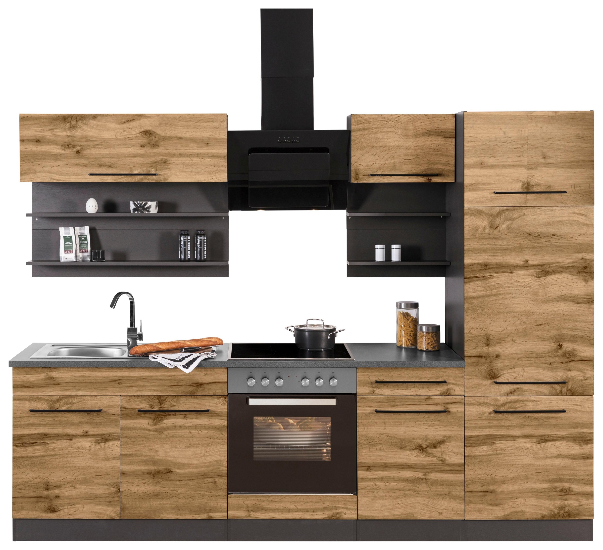 KOCHSTATION Küchenzeile »KS-Tulsa« ohne E-Geräte, Breite 270 cm, schwarze Metallgriffe, MDF Fronten