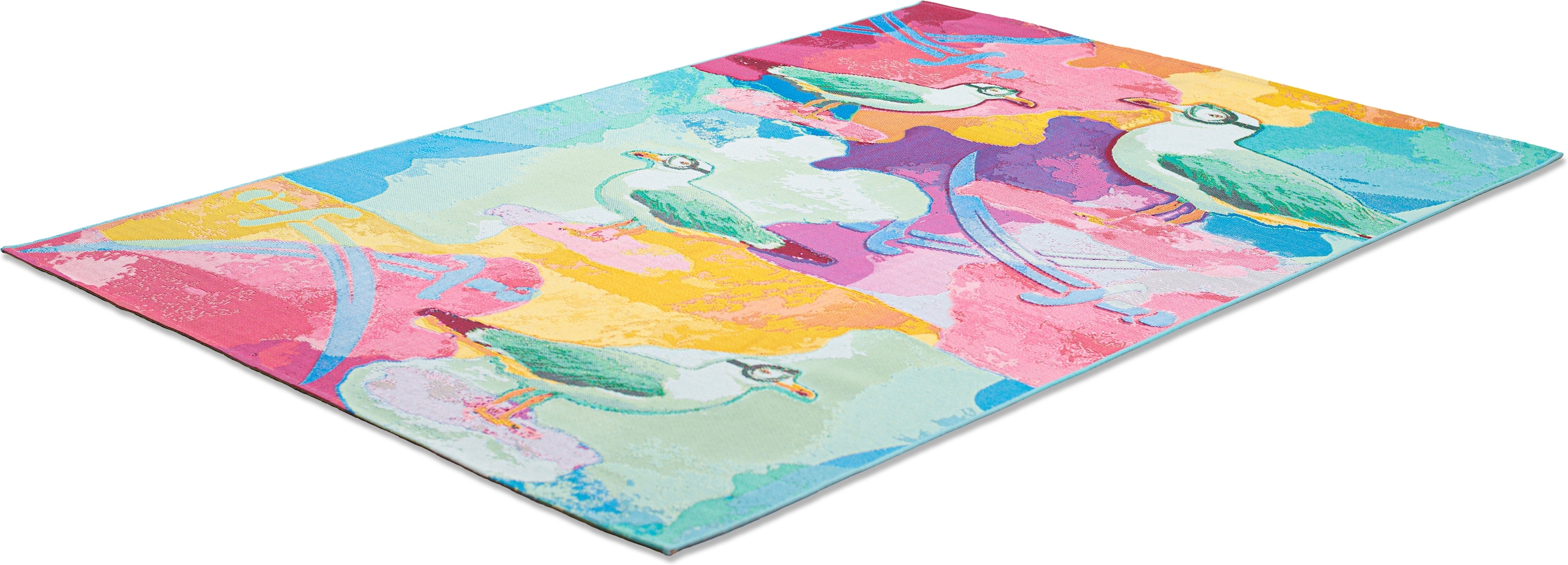 Sansibar Tapis »Rantum Beach SA-022« Rectangulaire 5 mm Höhe tissu plat, design moderne, motif mouettes, adapté intérieur et extérieur
