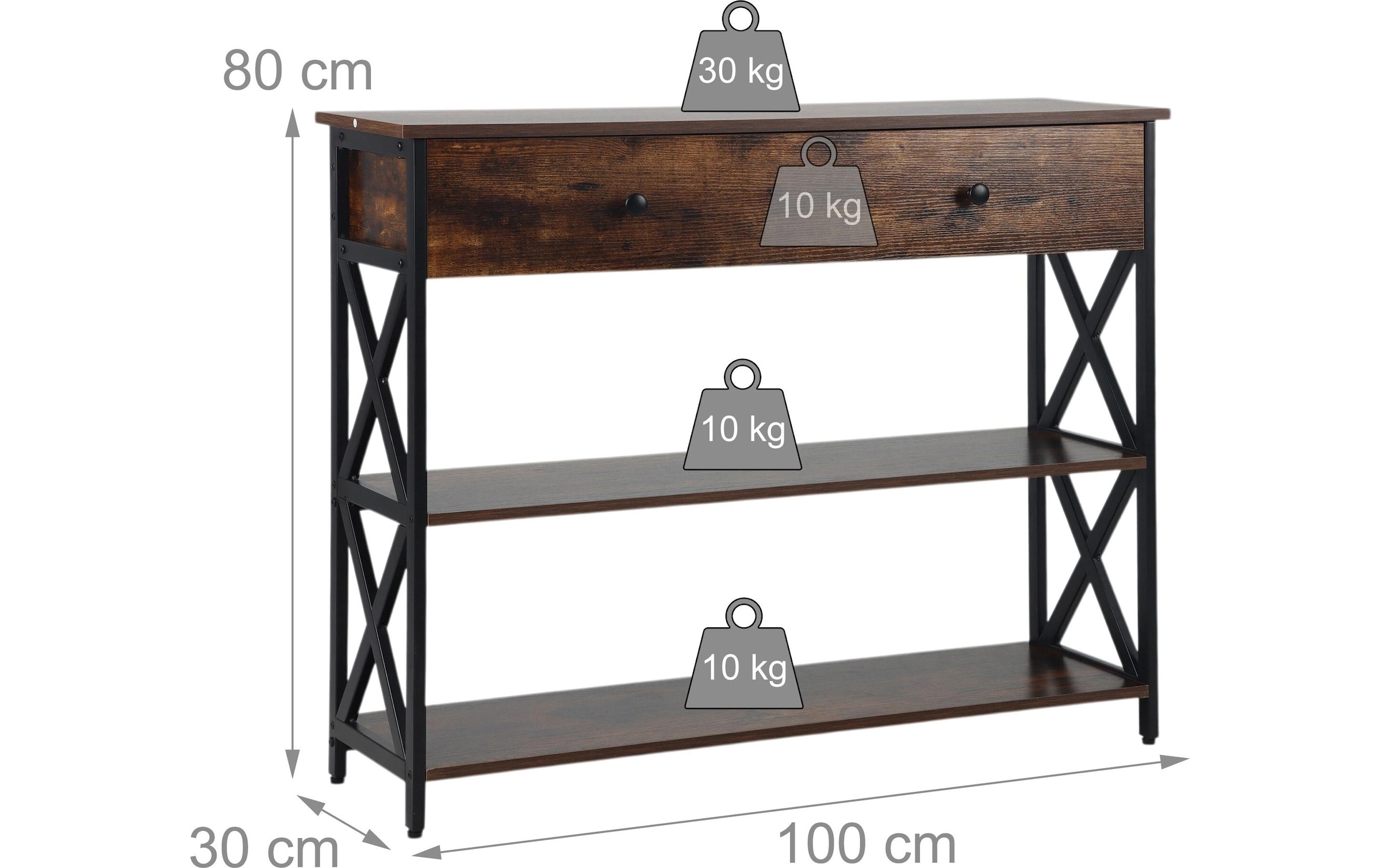 relaxdays Konsolentisch »80 x 100 x 30 cm« Schmale Flurkonsole mit Schublade und 3 Ablagen