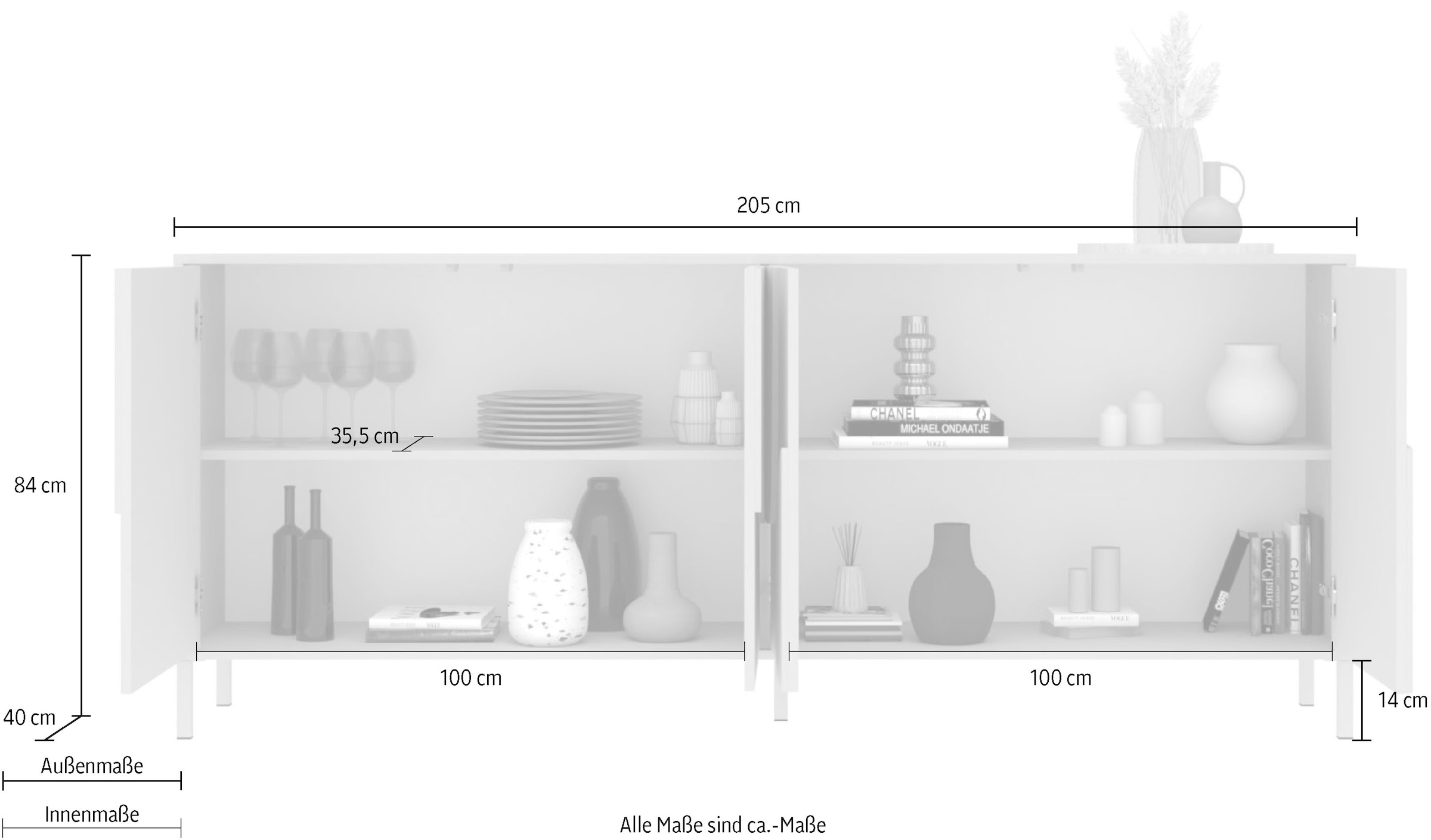 INOSIGN Sideboard »Stone, 205 cm breit, 4  Türen,  Anrichte, Kommode, Stauraumschrank« 3D-Design, Push-to-open, Innenraum grosszügig, Füsse 14/2 cm wählbar