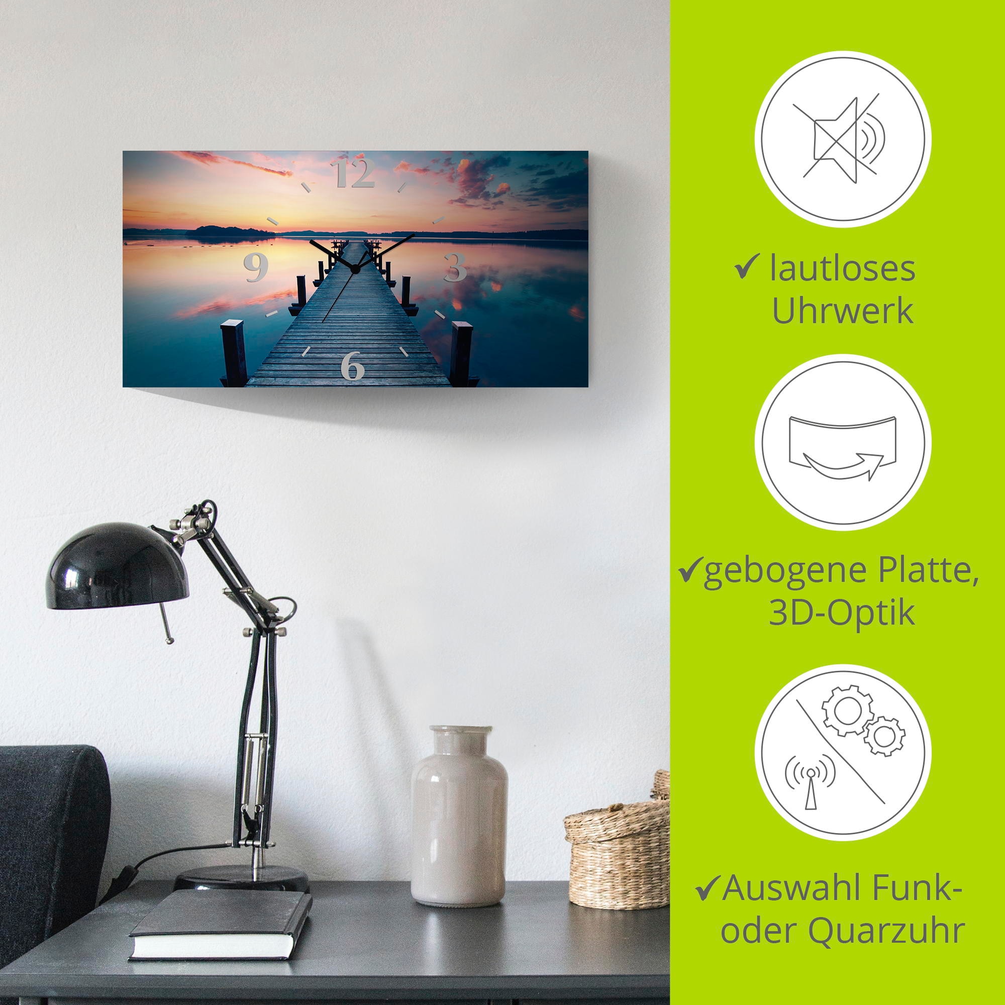 Artland Wanduhr »Langer Pier am See im Sonnenaufgang« wahlweise mit Quarz- oder Funkuhrwerk, lautlos ohne Tickgeräusche
