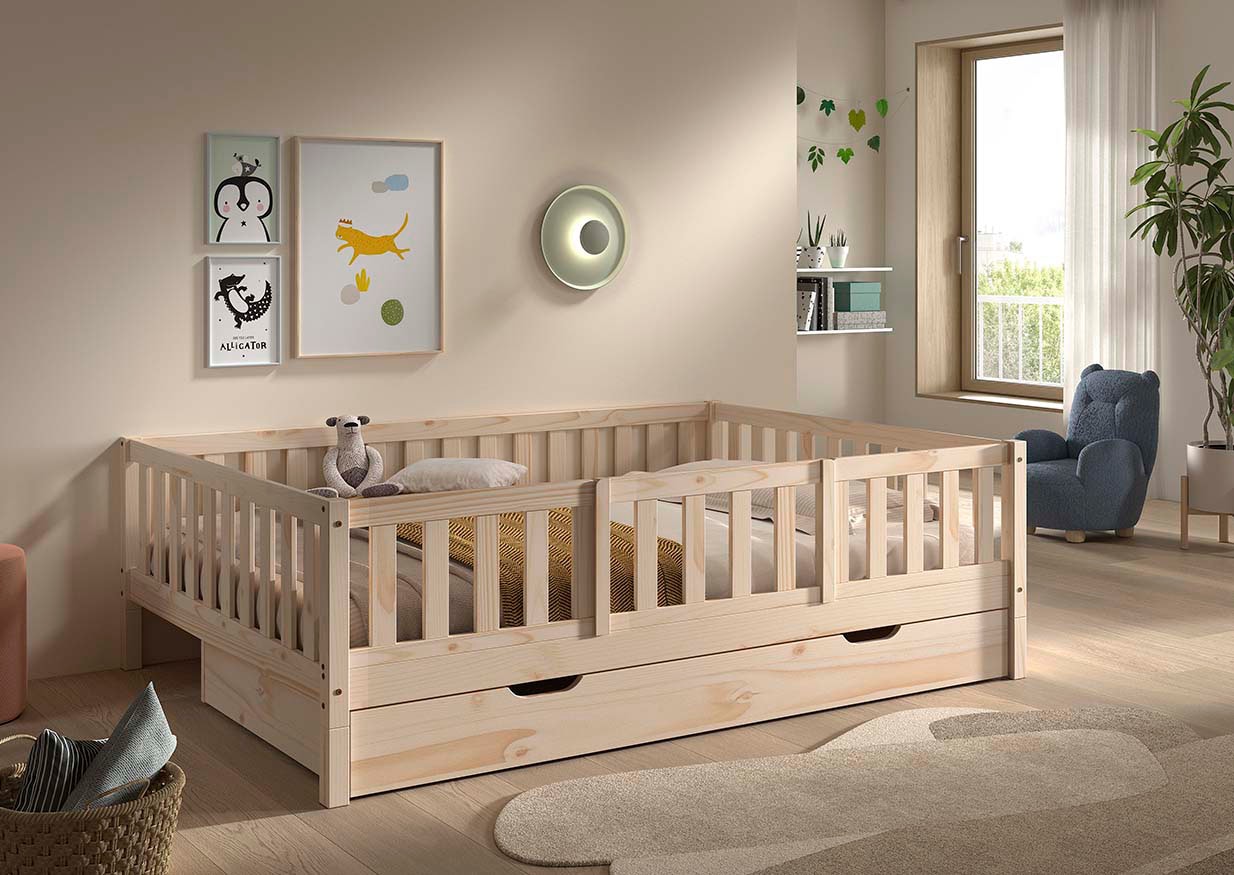 Vipack Daybett »Dallas Massiv Bett mit Rausfallschutz umbaubar vom Boden- zum Daybett« mit Bettschublade, wahlweise Kiefer massiv natur oder weiss