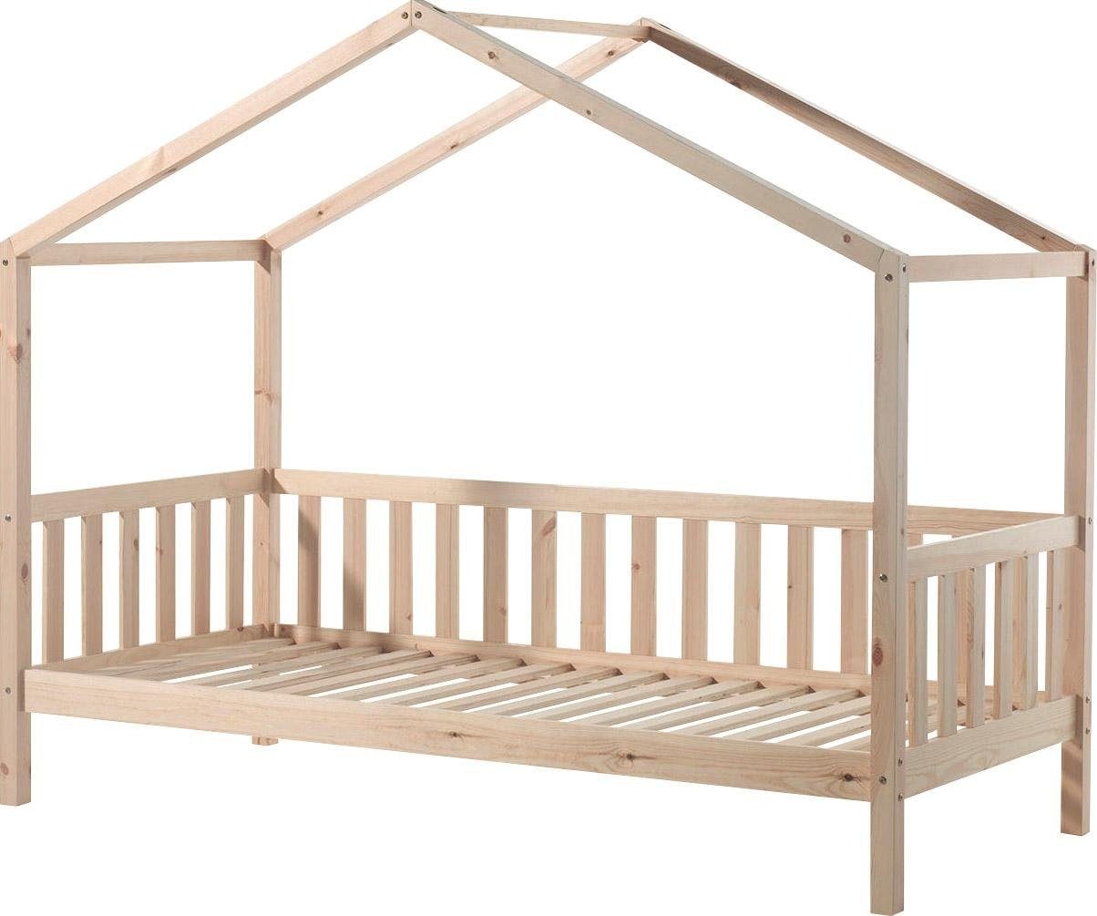 Vipack Lit de maison »Dallas, mit Dachaufbau, Kiefer massiv, stabil gebaut« L/H/P env. 210x170x97 cm, avec encadrement à barreaux,  au choix avec ou sans tiroir de lit et ciel de lit textile