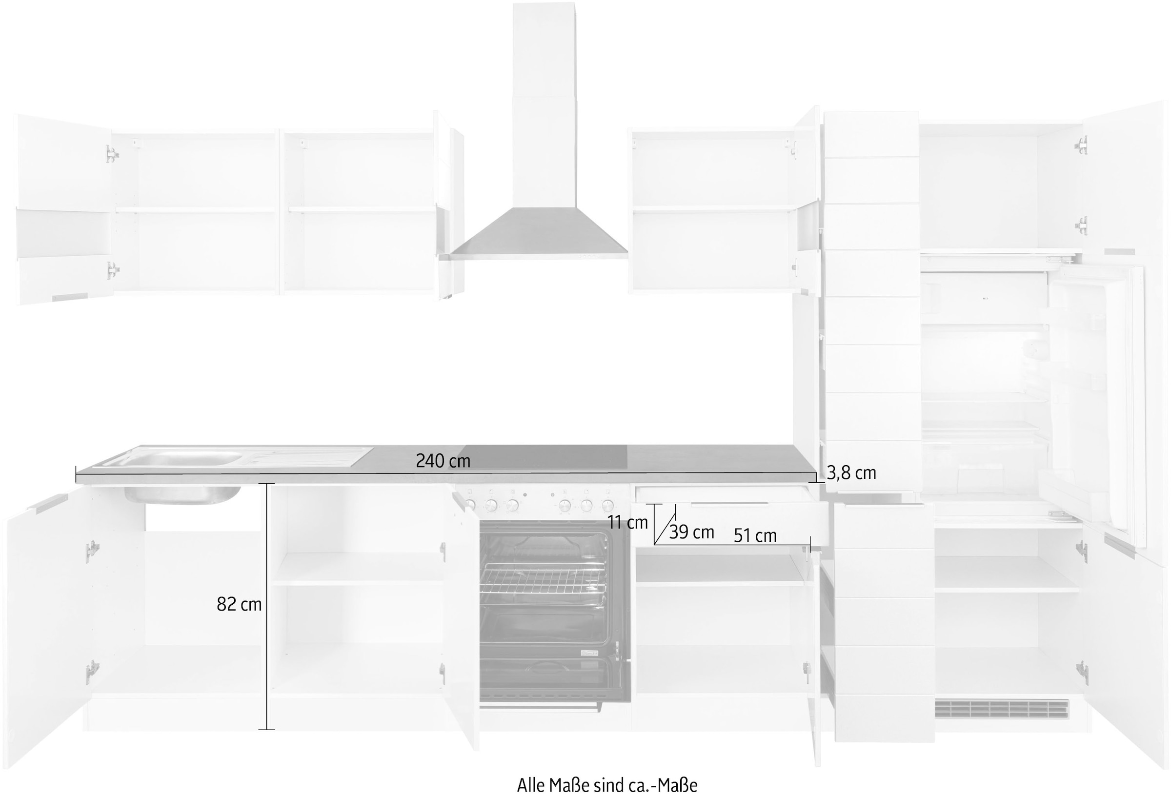 KOCHSTATION Küchenzeile »KS-Luhe« 330 cm breit, wahlweise mit oder ohne E-Geräten, gefräste MDF-Fronten