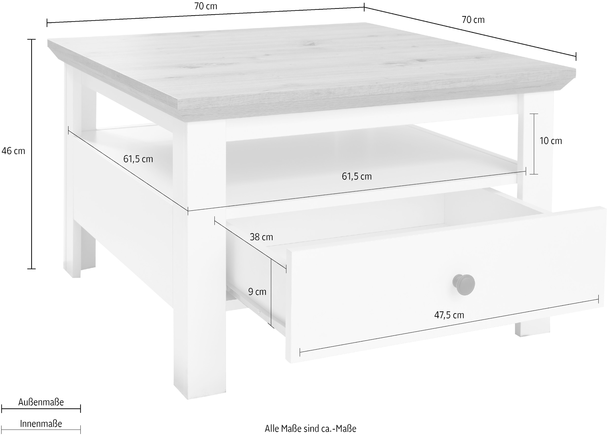 INOSIGN Couchtisch »Ulm« Couchtisch mit Schublade & offenem Fach - (B/T/H) 70/70/46 cm