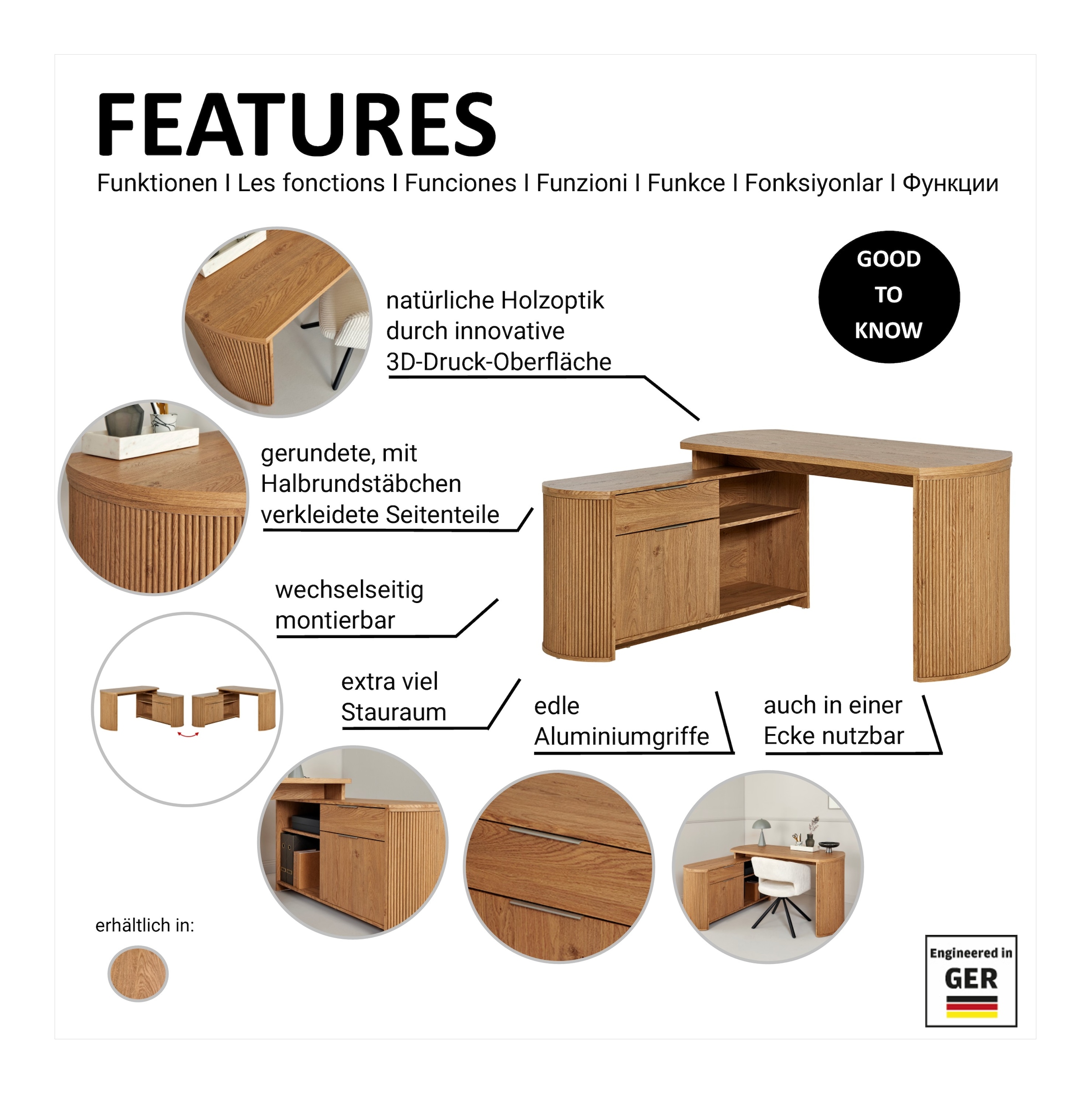Jahnke Bureau d'angle »MOON C 150 E« 1 cuis tlg. montage réversible, espace de rangement & passage de câbles, largeur 150 cm