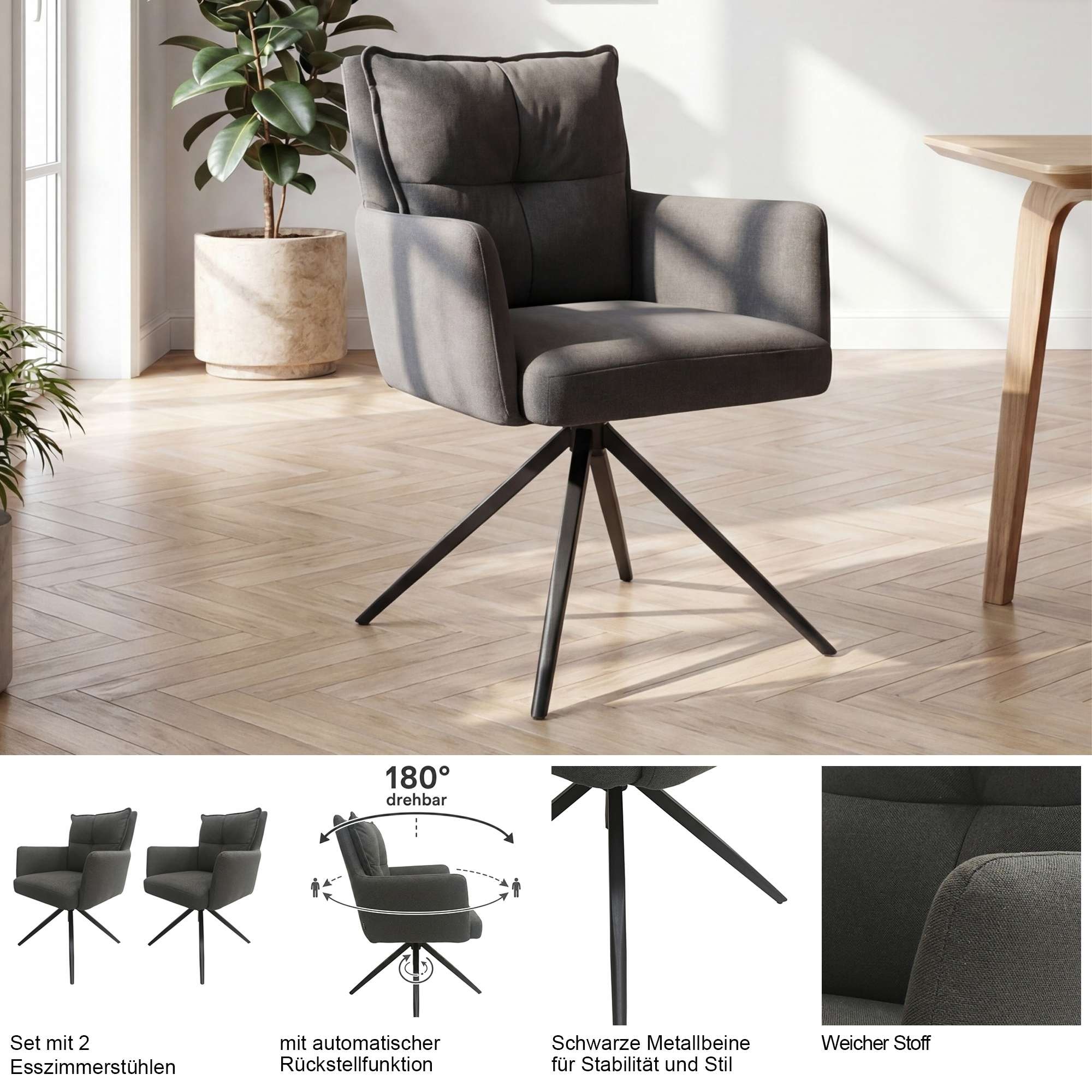 GOODproduct Chaise de salle à manger »Chiani« () 2 cuisRetour automatique à 180°, dossier, accoudoirs et assise rembourrés