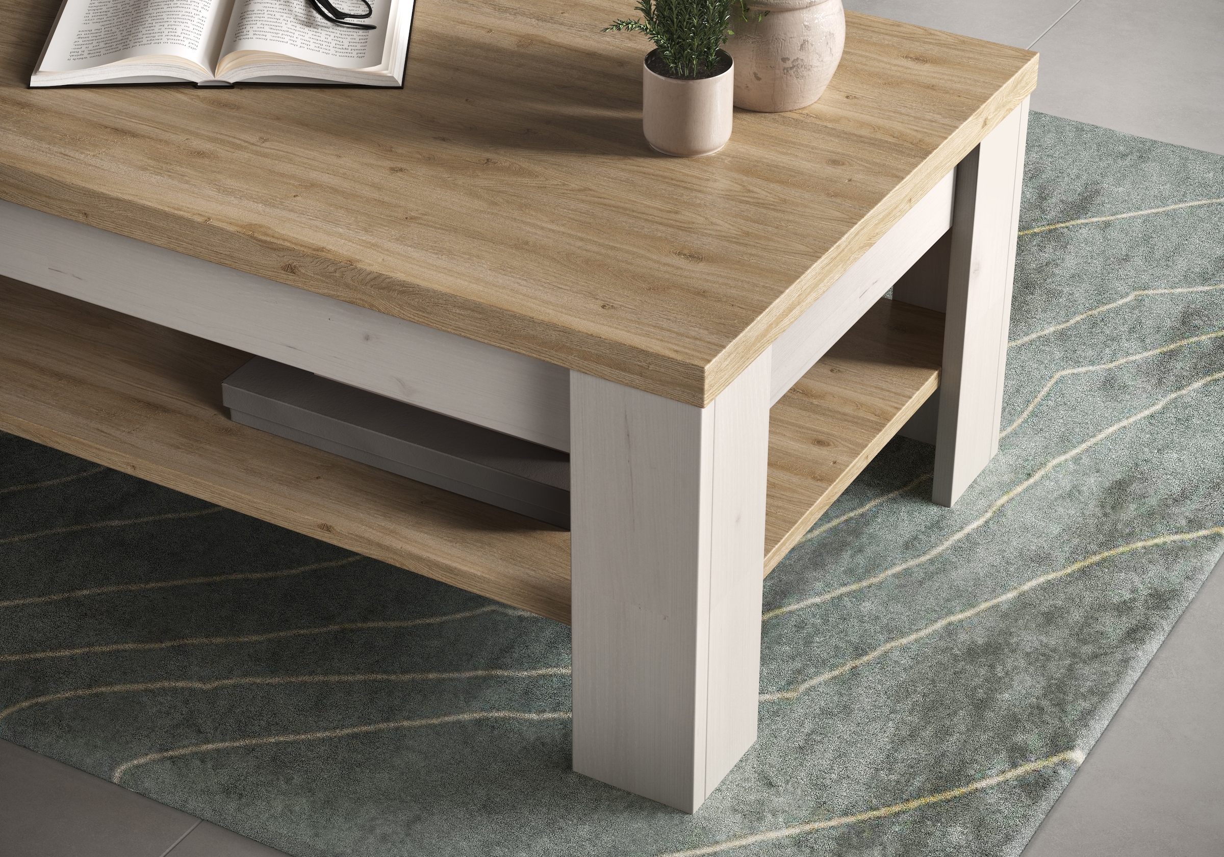 GOODproduct Table basse »Country 110 x 68 cm, Wohnzimmertisch mit Ablageboden,« Sofatisch, zweifarbig, rechteckig, Tischplattenstärke 38 mm