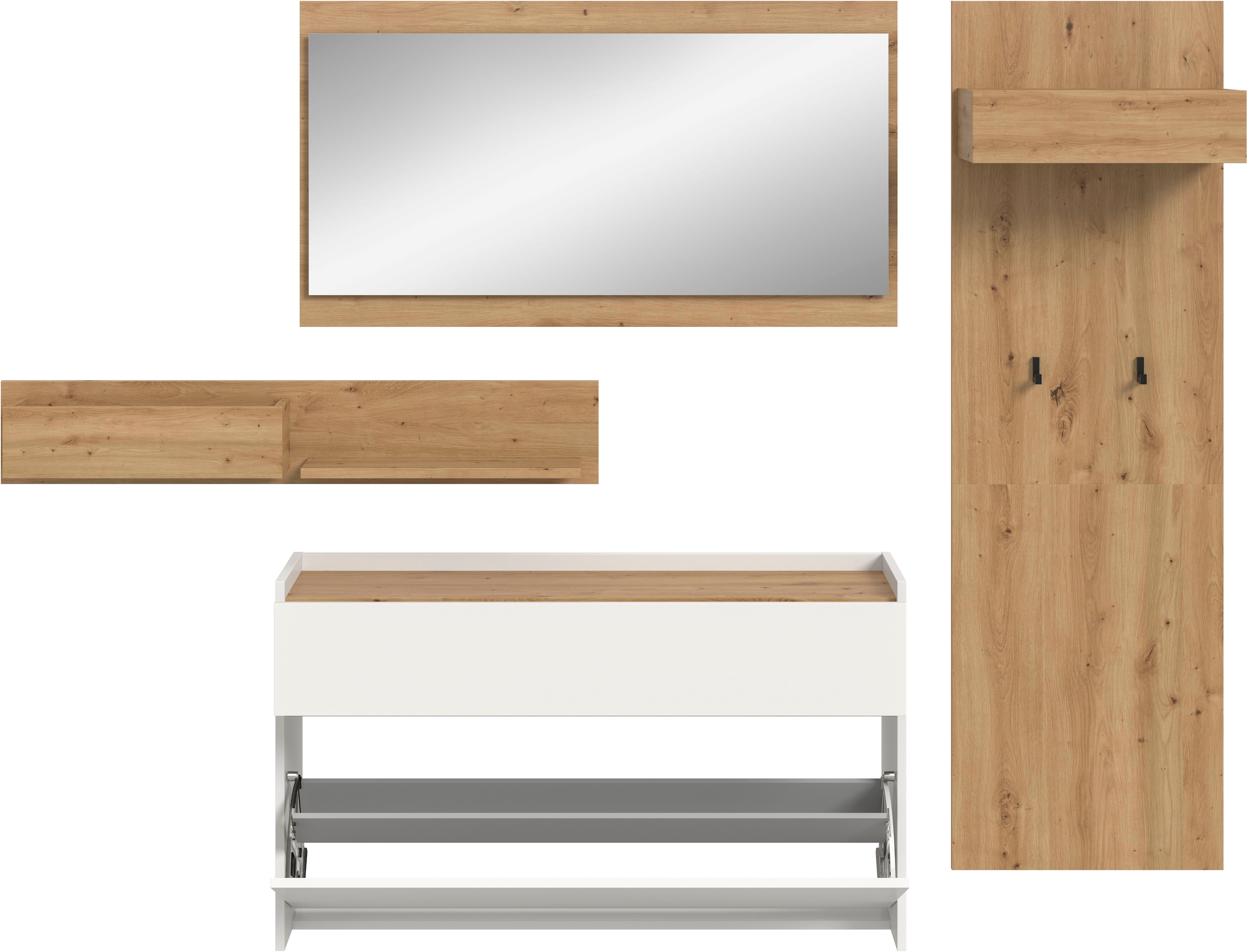 Home affaire Garderoben-Set »EVRID, 4-teilig, Breite 205 cm, individuell hängbar & erweiterbar« best. aus.: Wandboard, Kommode, Spiegel, Garderobenpaneel, 4 Stk. tlg.