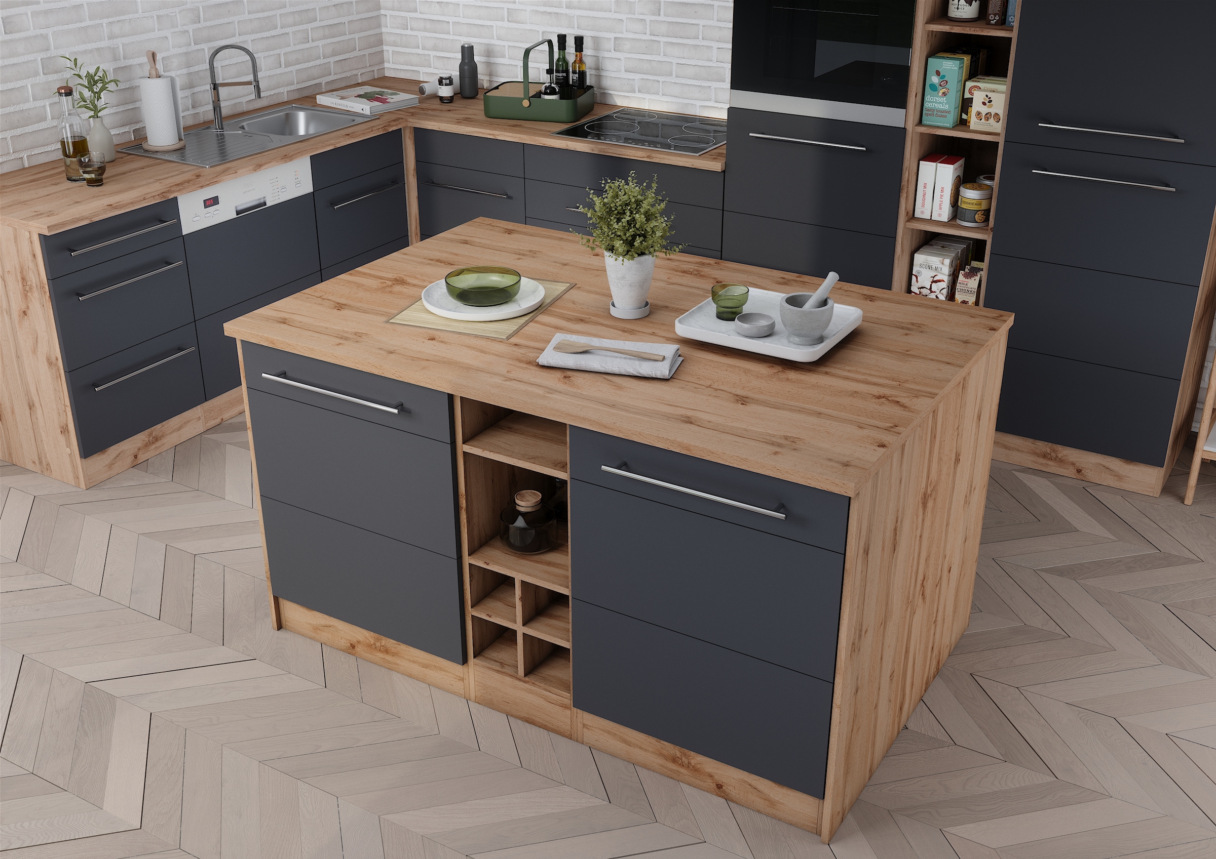 KOCHSTATION Ilot de cuisine »KS-Wien« largeur 153 cm, façades MDF, casier à bouteilles