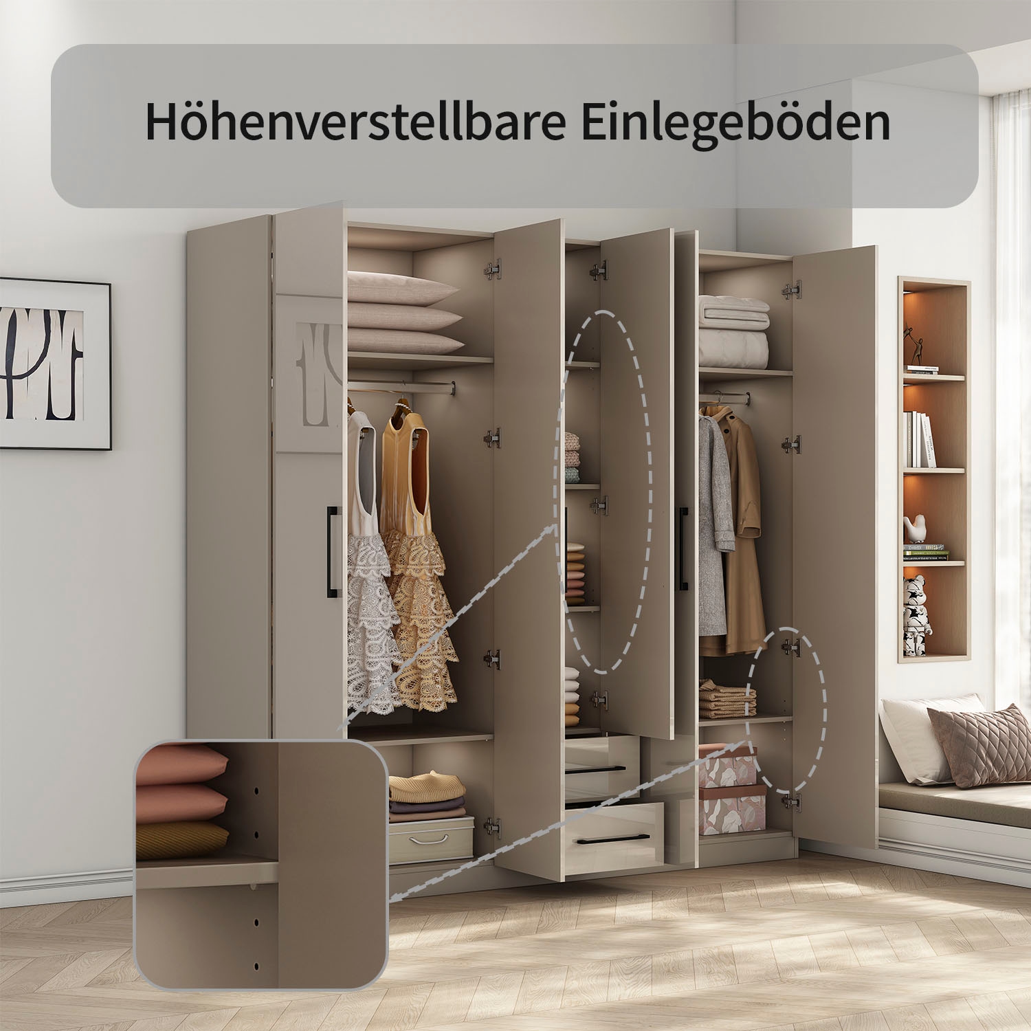 GOODproduct Armoires à vêtements »Sylt Schlafzimmerschrank Garderobe Schrank  in hochglanz weiss« 5 portes, 2 tiroirs, poignées noires modernes, 7 étagères,  Armoire à portes tournantes avec aménagement intérieur parfait, largeur 200cm