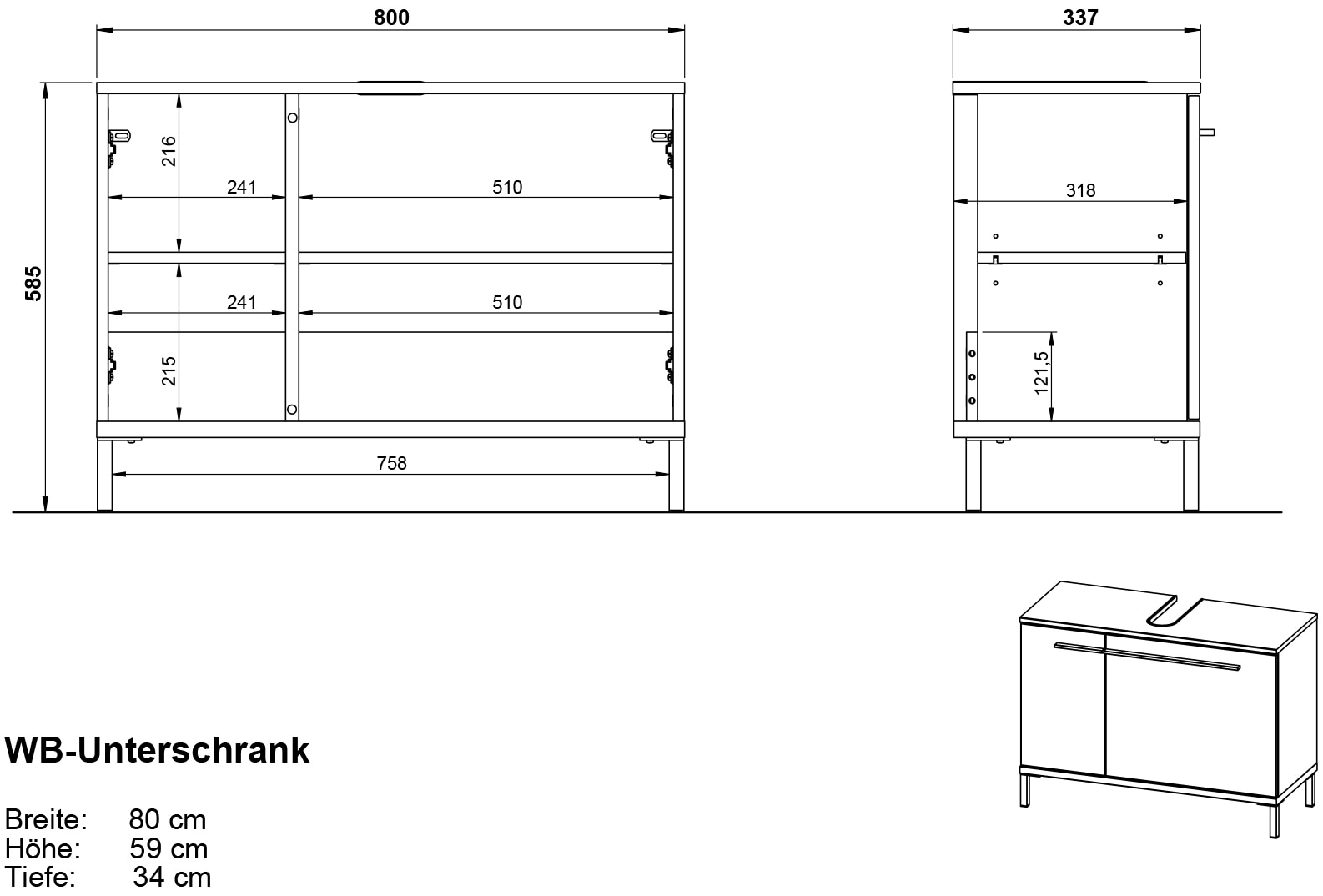 GERMANIA Armoire sous lavabo »Waschbeckenunterschrank« 1 cuis tlg. Waschbeckenunterschrank mit Siphonausschnitt