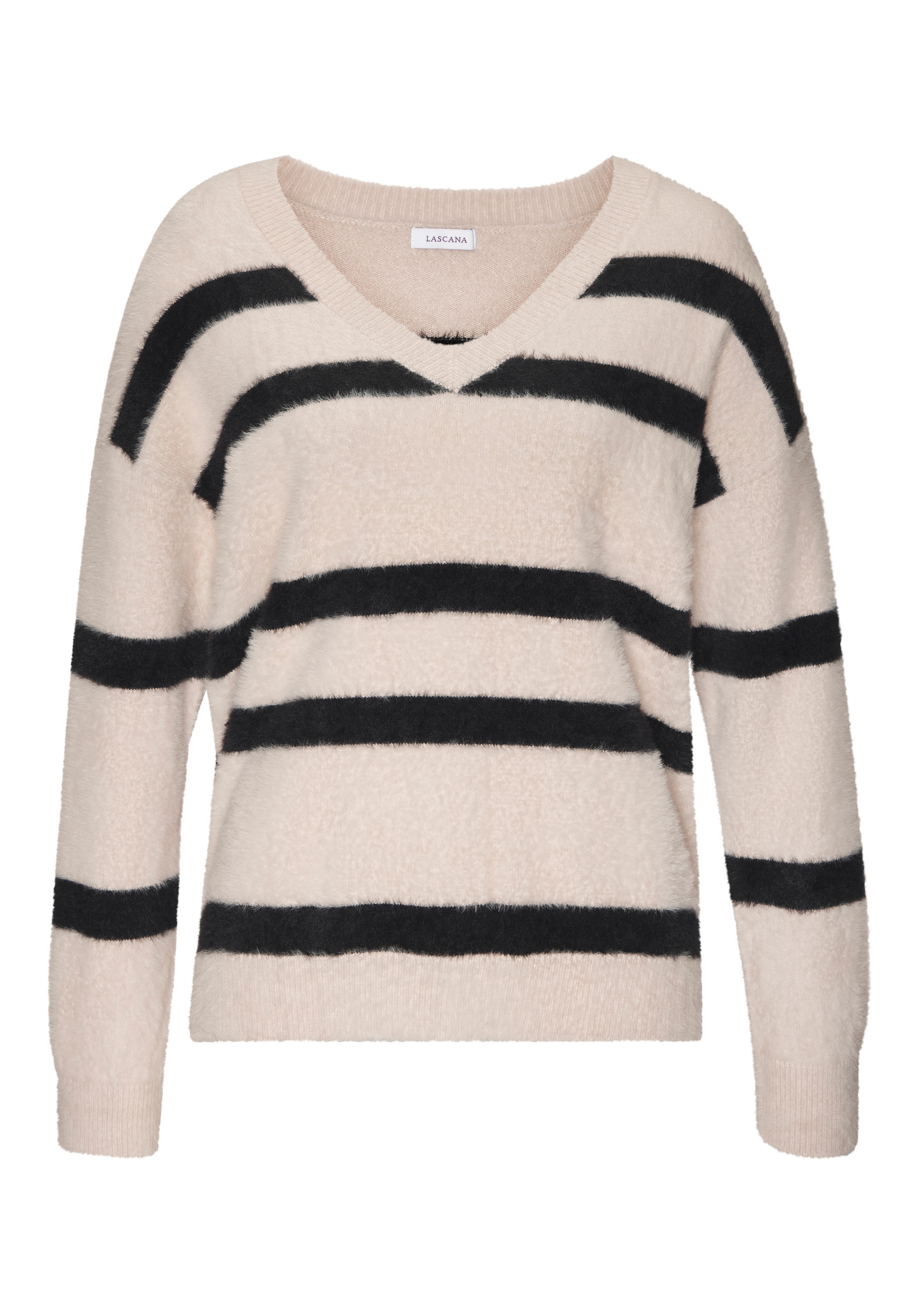 LASCANA Pull à rayures »Amira« aus kuschelweichem Strick, V-Ausschnitt, Streifenoptik, modisch