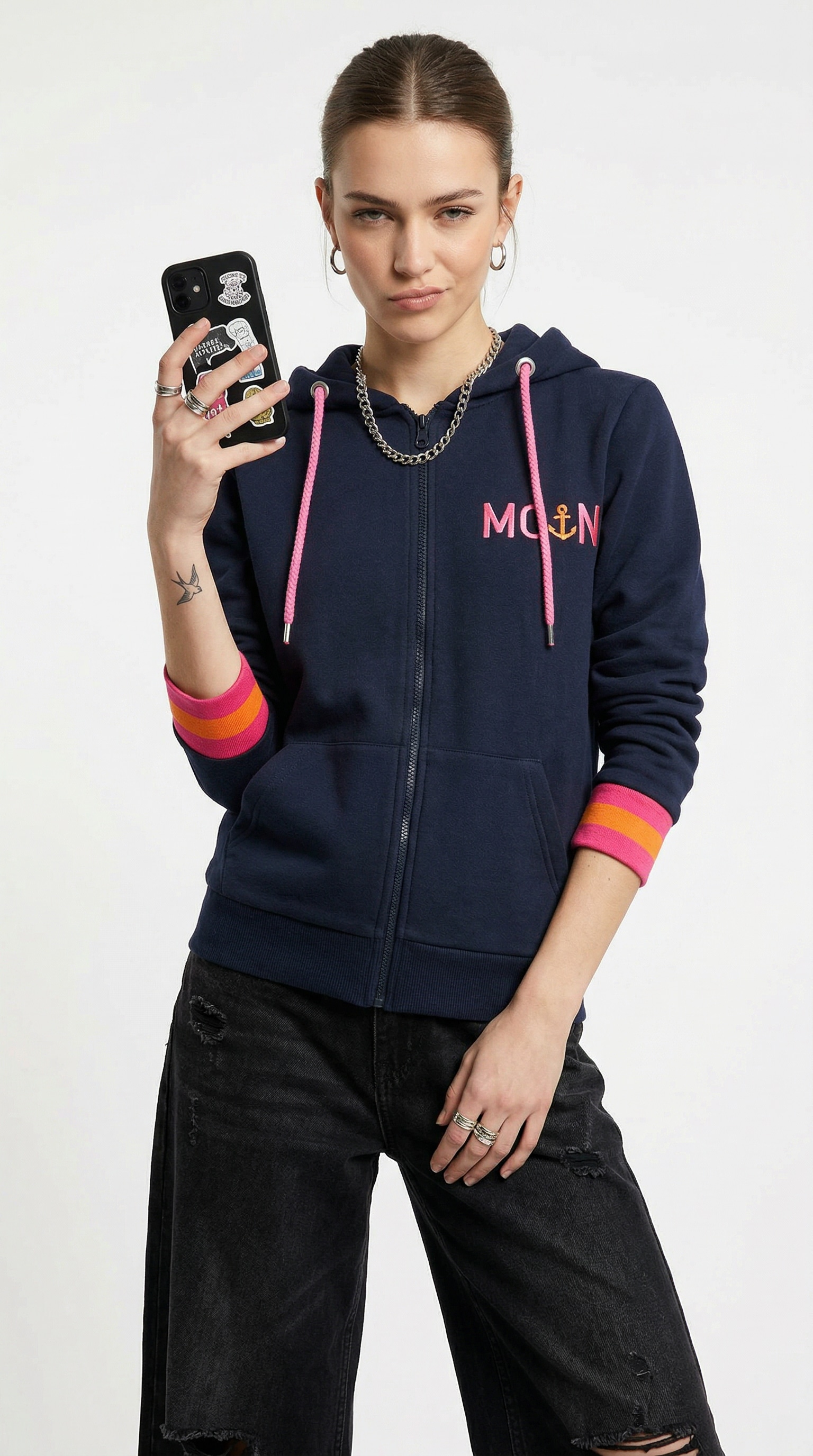 Zwillingsherz Kapuzensweatjacke Regular Fit, Stickerei, Reissverschluss, Langarm, Kontast-Details