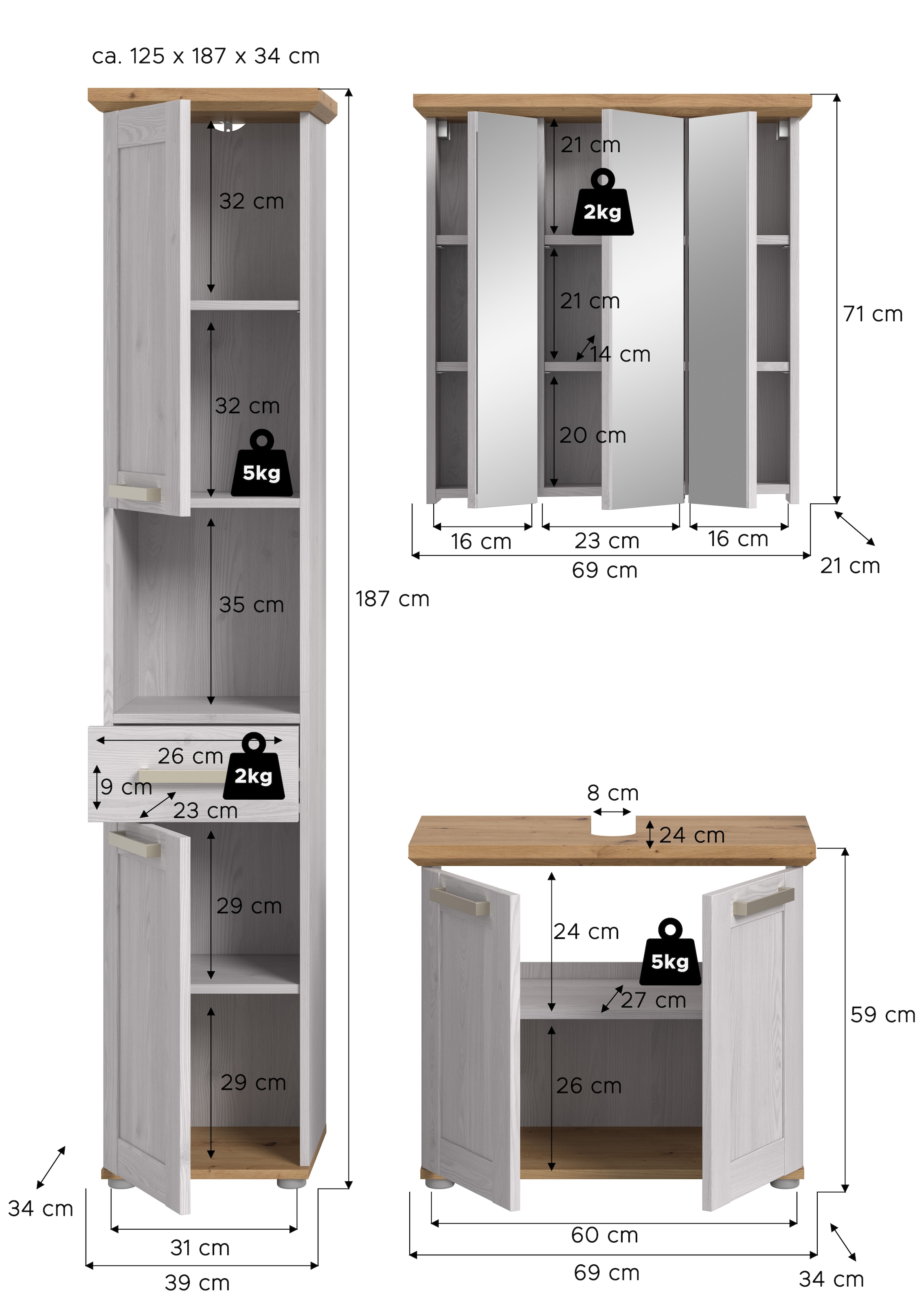 welltime Ensemble de meubles de salle de bain »COSENZA« best. aus: 1 Hochschrank, 1 Spiegelschrank, 1 Waschbeckenunterschrank, 3 cuis tlg.