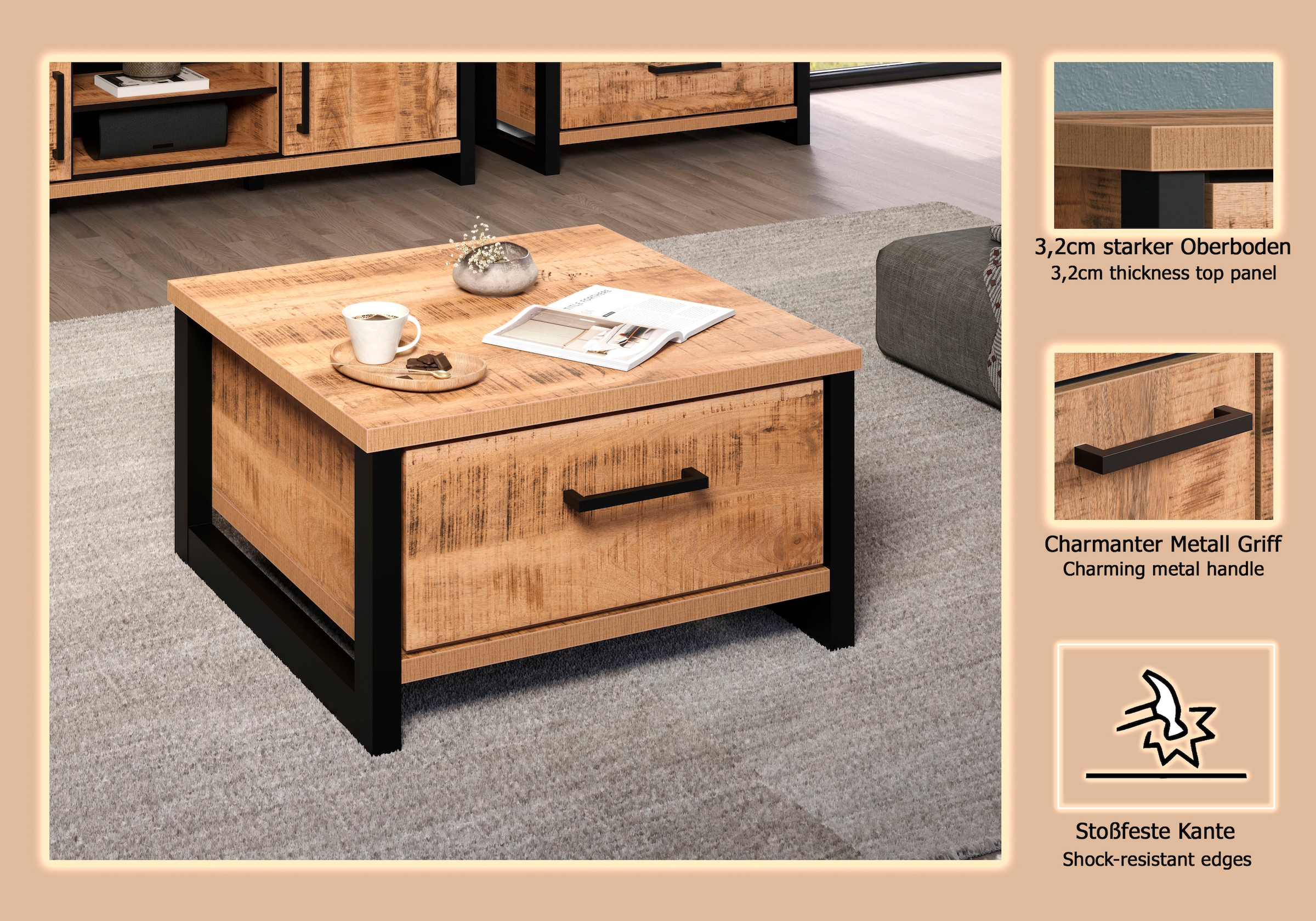 Home affaire Table basse »Elda« 1 cuis tlg. Couchtisch mit 2 Vollauszug Schubladen – (B/T/H) 80/80/45 cm