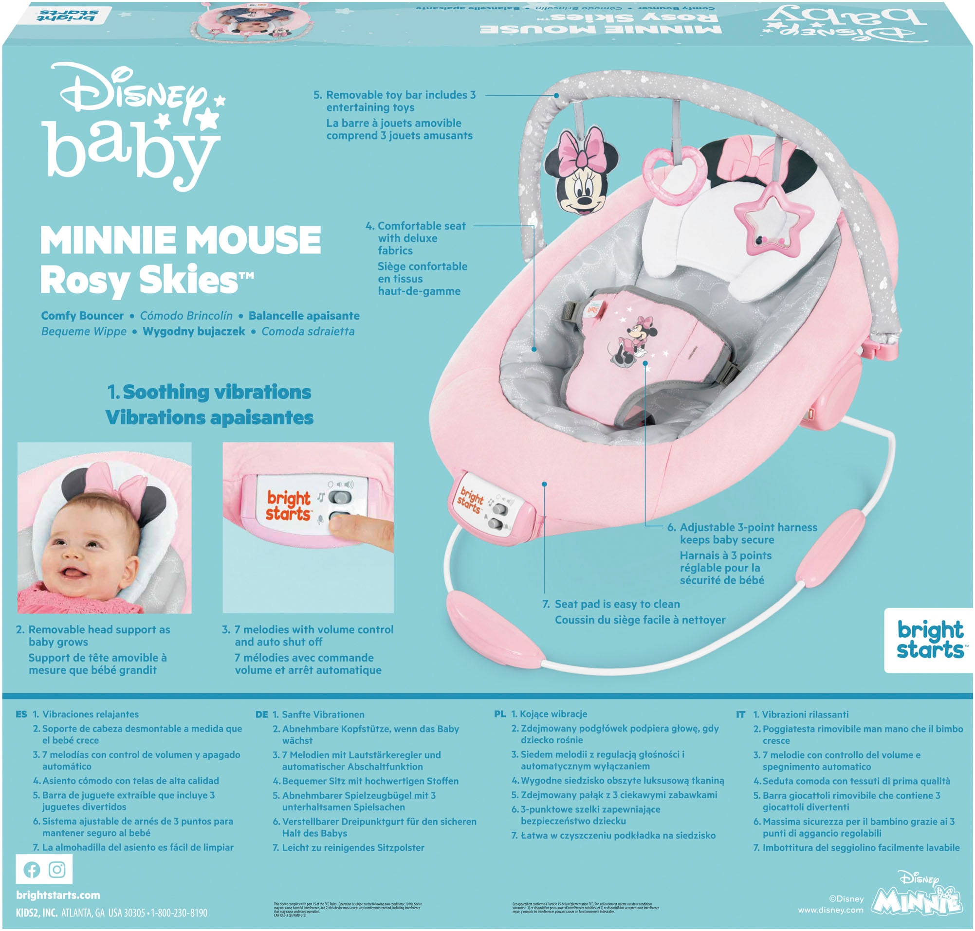 Bright Starts Transat pour bébé »Minnie Mouse Rosy Skies ™ Comfy Bouncer« bis 9 kilos mit Sound-Effekt