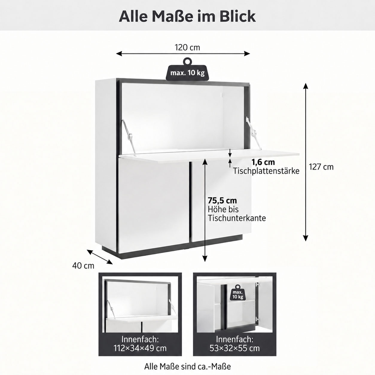 byLIVING »IDAHO« Weiss Hochglanz, 2 Türen, 1 Klapptür, 3 Fächer, Griffnut, B: 120 cm