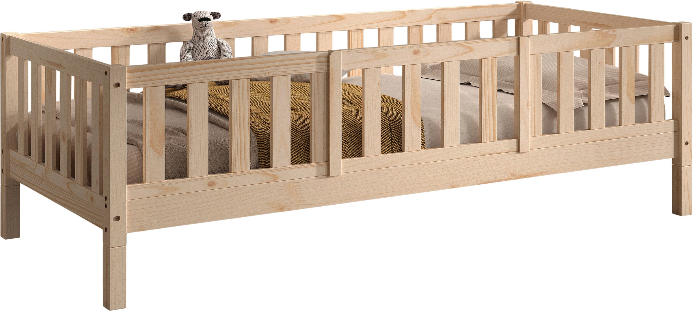 Vipack Lit d'enfant »Dallas, massiv Bett, Rausfallschutz, umbaubar vom Boden- zum Daybett« Incl. sommier à lattes roulantes et cadre à barreaux, largeur 90 ou 140x200 cm,  construction stable et solide, en pin massif naturel ou blanc au choix