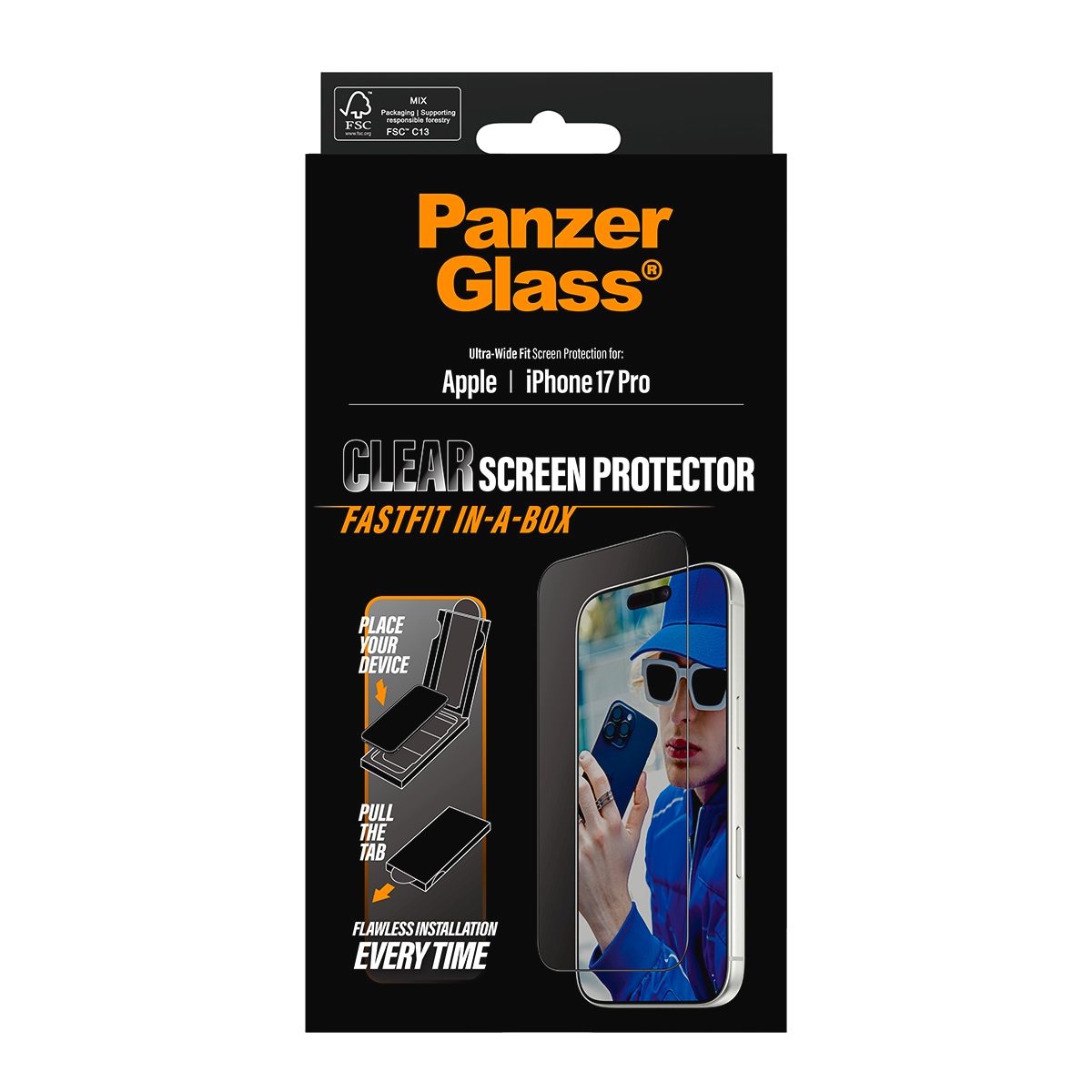 CARE by PanzerGlass Verre de protection d'écran »Ultra-Wide Fit Screen Protector FASTFIT IN-A-BOX« für Apple iPhone 17 Pro Displayschutzfolie, Schutzfolie, Bildschirmschutz, kratz- & stossfest