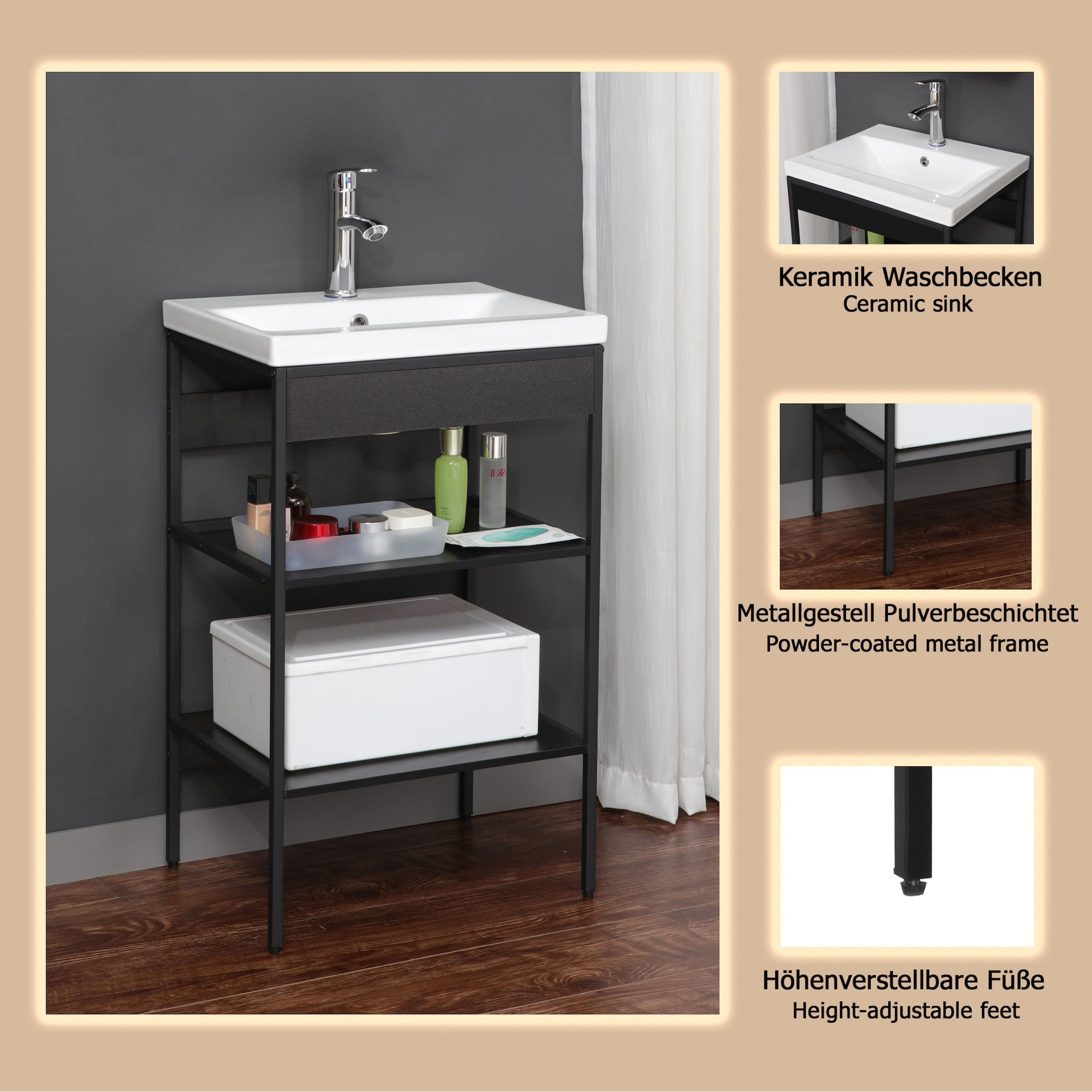 welltime Armoire sous lavabo »Lodi« 2 cuis tlg. Waschbeckenregal mit Metallrahmen - (B/T/H) 52 / 40 / 83 cm