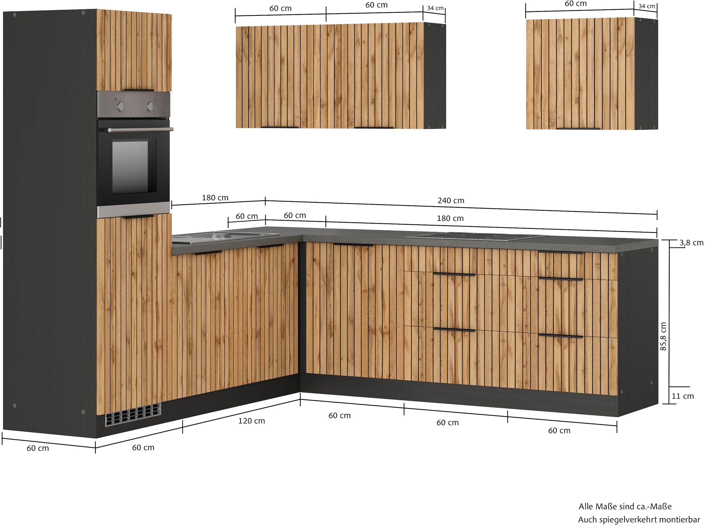 KOCHSTATION Winkelküche »KS-Lagos, Stellbreite 240/240 cm, wahlweise mit E-Geräten« GK-oder Induktionskochfeld,Kühlschrank,Spüle edelstahl oder schwarz